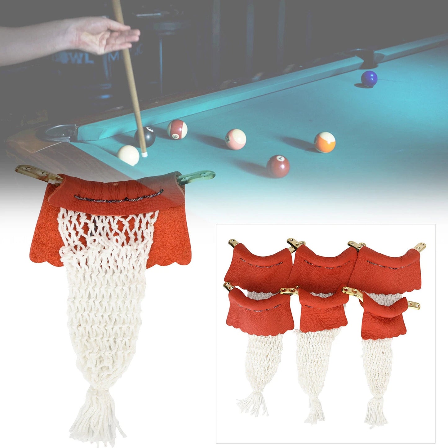 6 Pack Snooker Pool Table Pocket Net and Leather Set