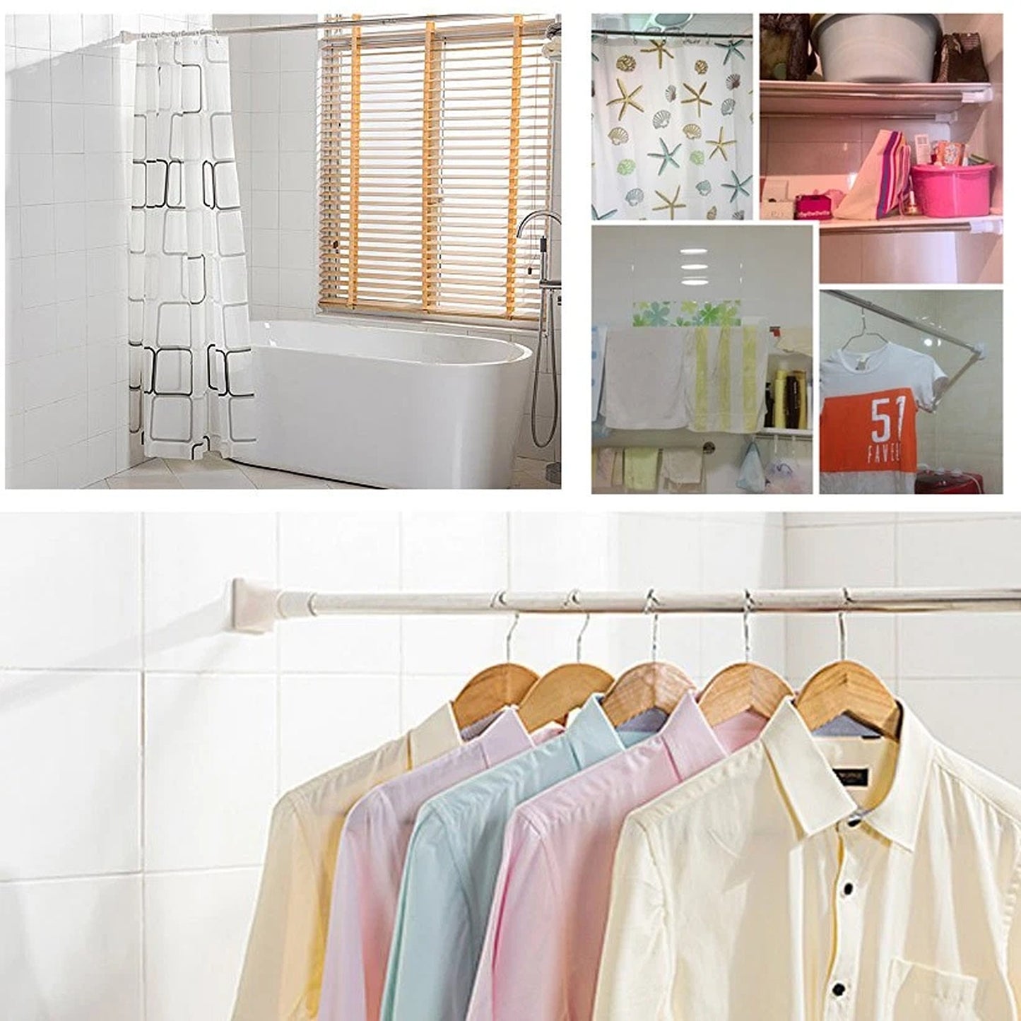 Multi Purpose Adjustable Tension Rod for Curtains Shower and Closet