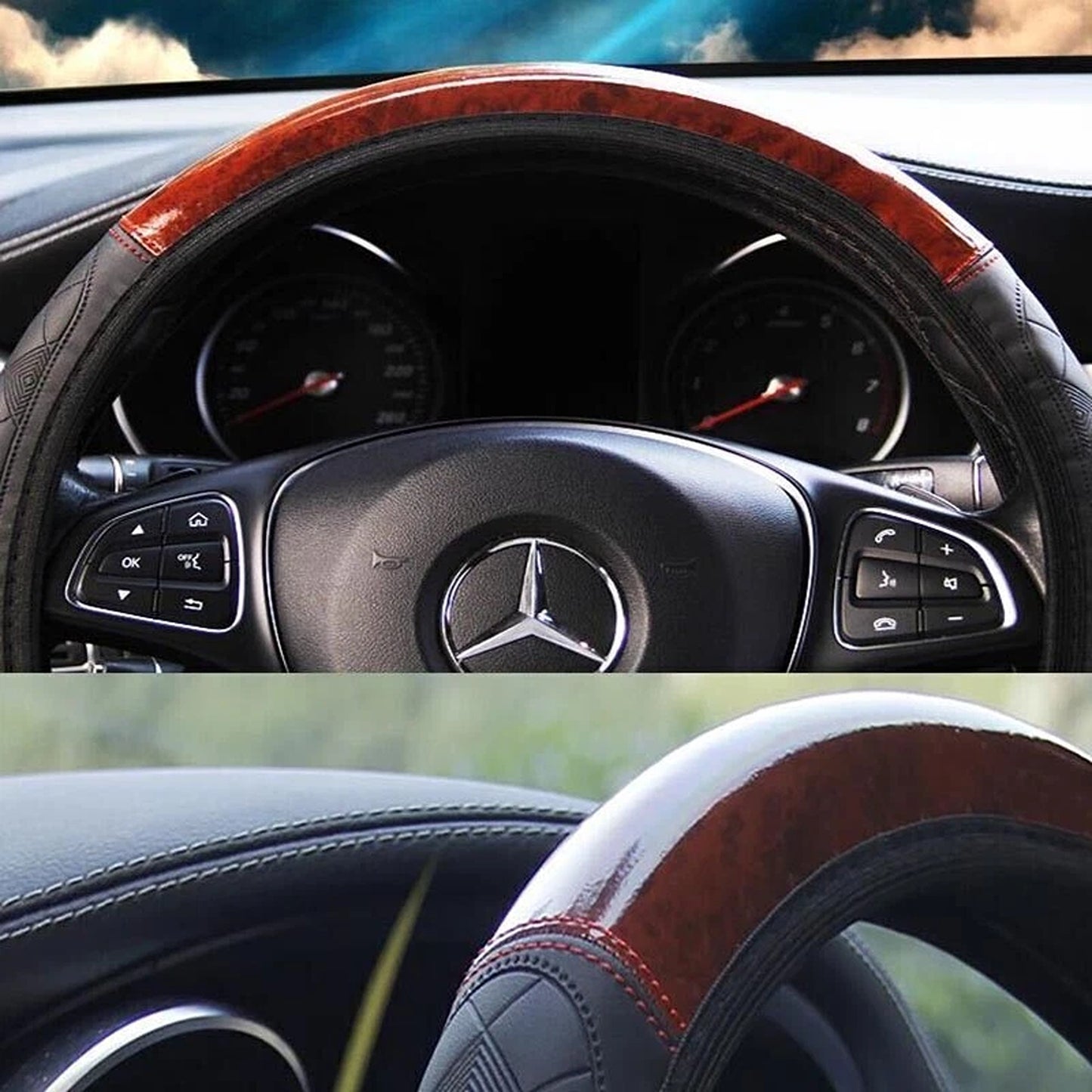 Car Steering Wheel Cover in Mahogany Wood Style PU Leather
