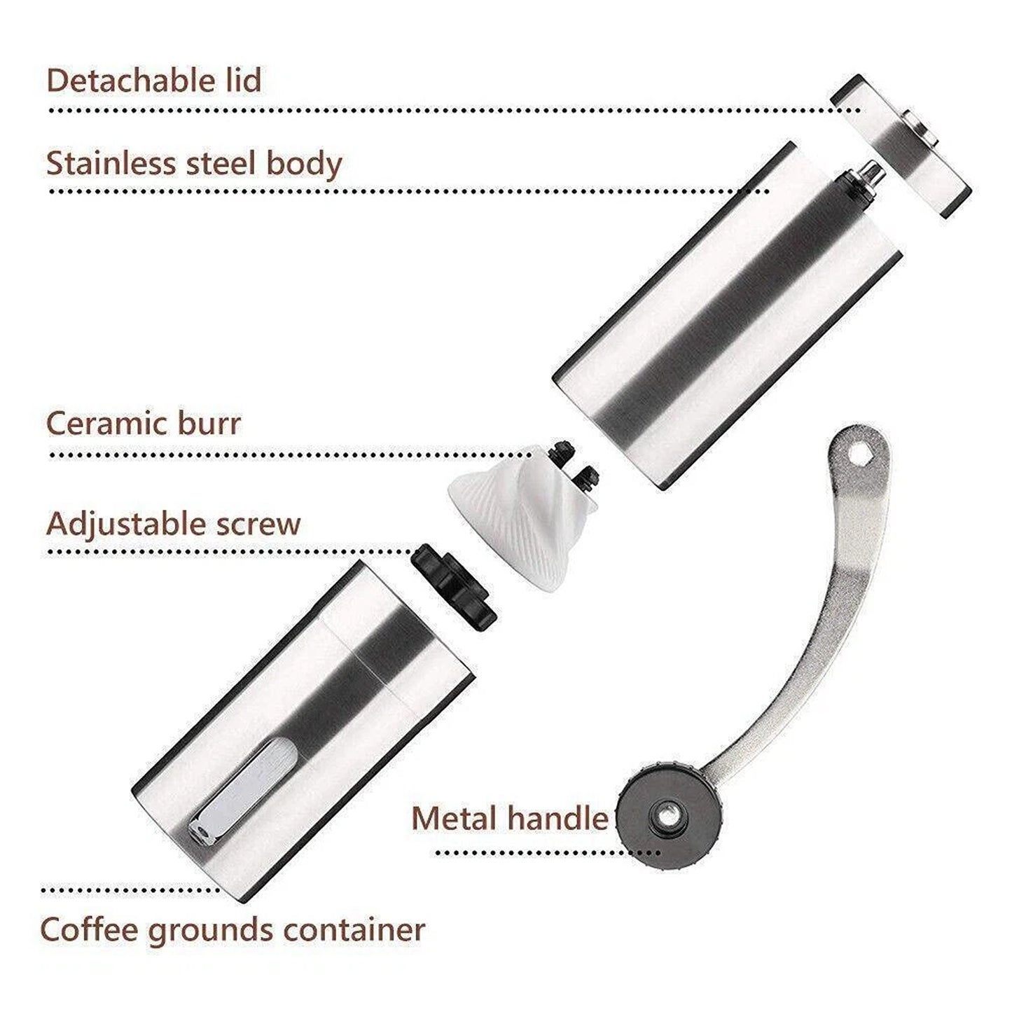 Manual Coffee Bean Grinder with Stainless Steel Body and Ceramic Burr