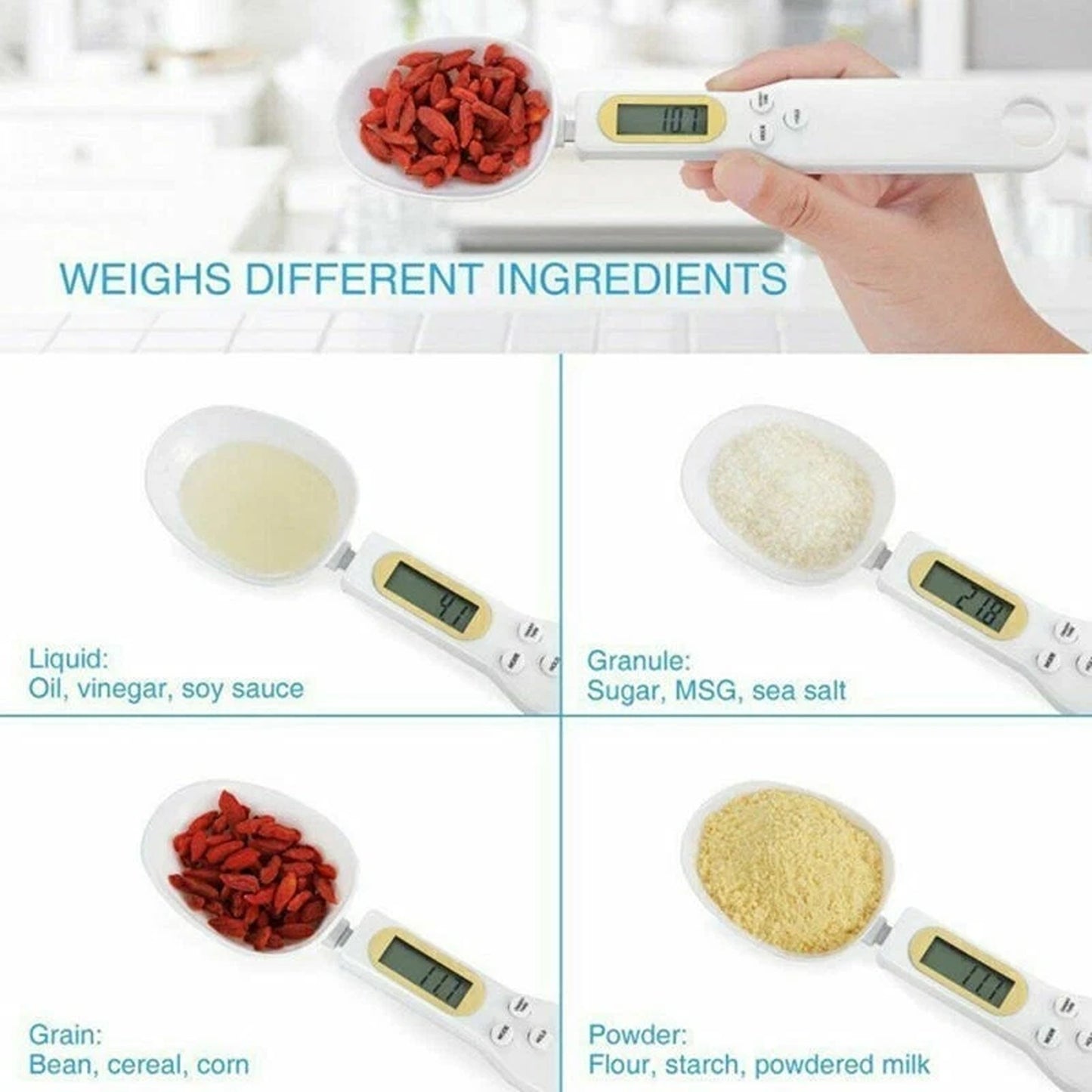 White Digital Measuring Spoon Scale with LCD Display for Kitchen