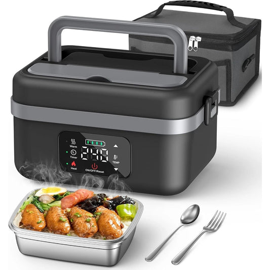 Black Portable Heated Lunch Box With 8000mAh Battery Electric Food Warmer