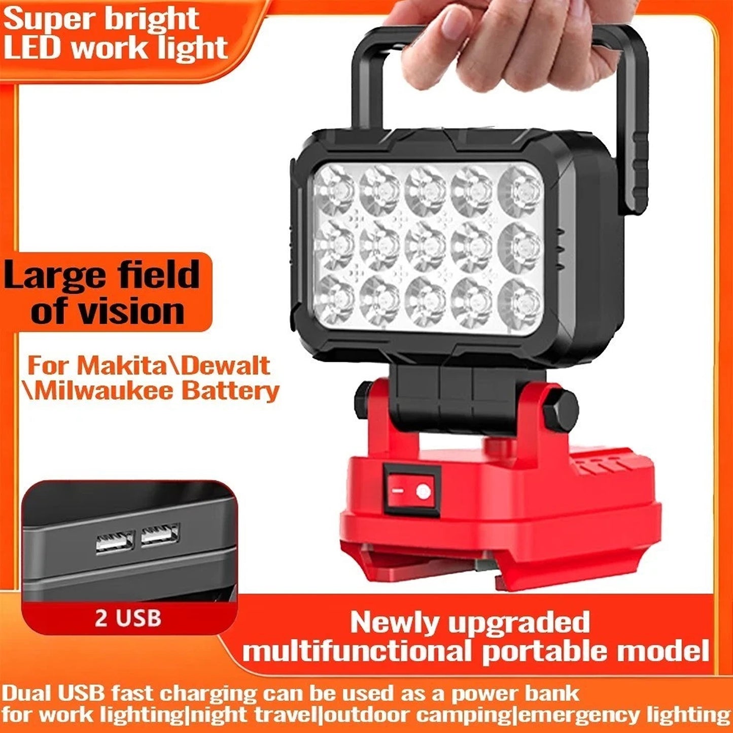 LED Work Light For Milwaukee 18V Battery With Dual USB Charging Ports
