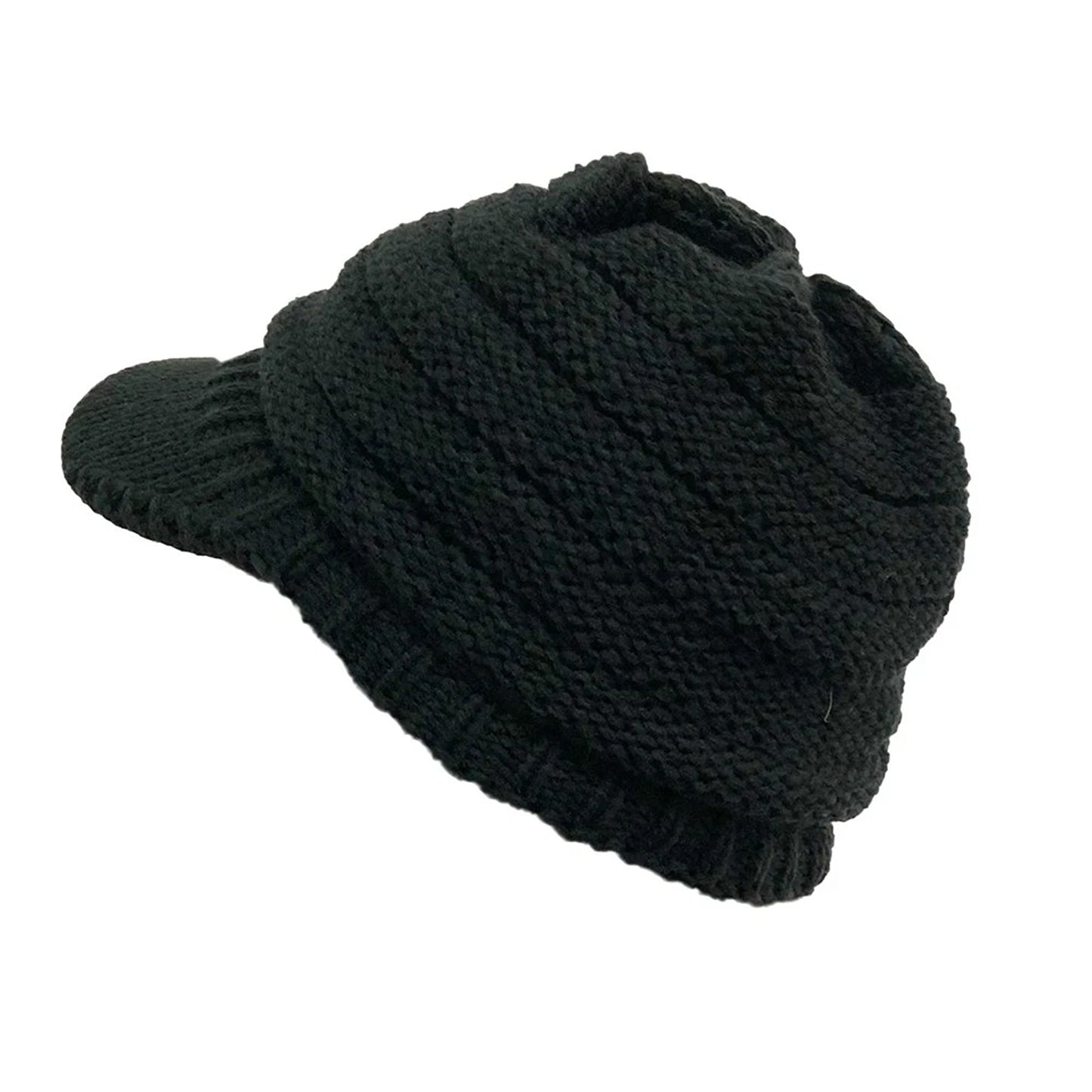 Black Womens Thick Knitted Beanie Hat with Visor for Winter