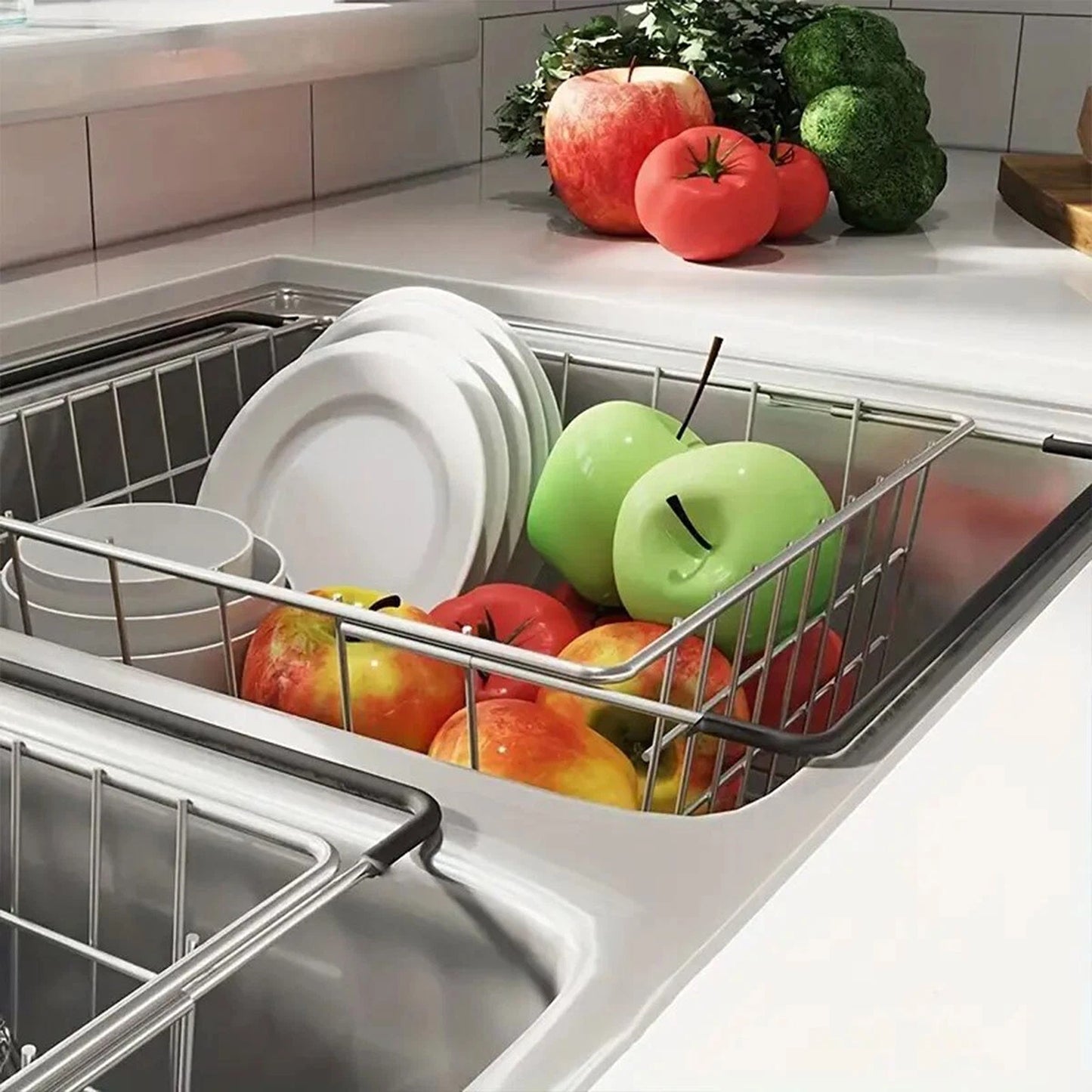 Telescopic Stainless Steel Sink Draining Basket Dish Rack