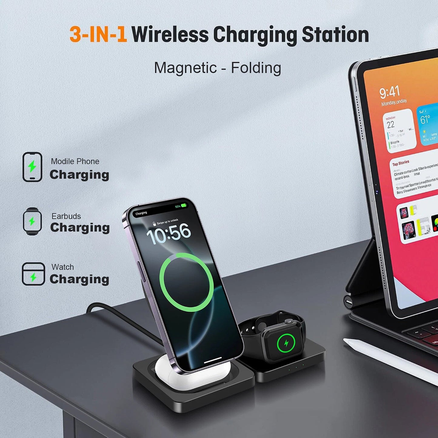 3 in 1 Wireless Charger Fast Charging Station for Apple Watch and iPhone 16 15 14 13 12