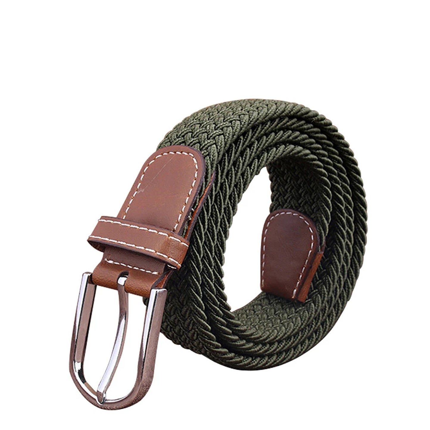 Army Green Womens Braided Stretch Waist Belt with Elastic Buckle
