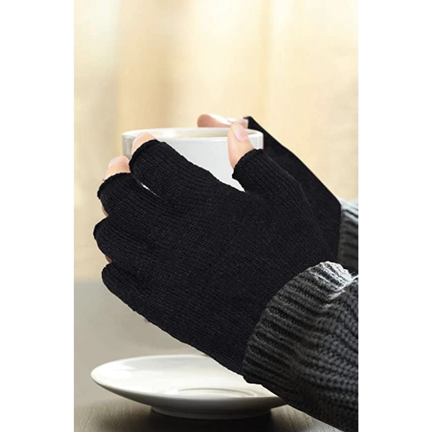 Black Fingerless Knitted Winter Warm Gloves Soft Half Finger Mittens Unisex