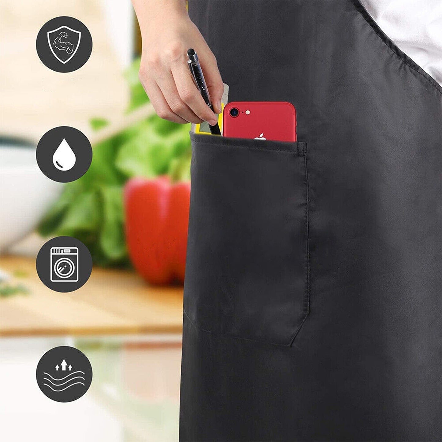Kitchen Cooking Plain Apron Bib Washable - Black