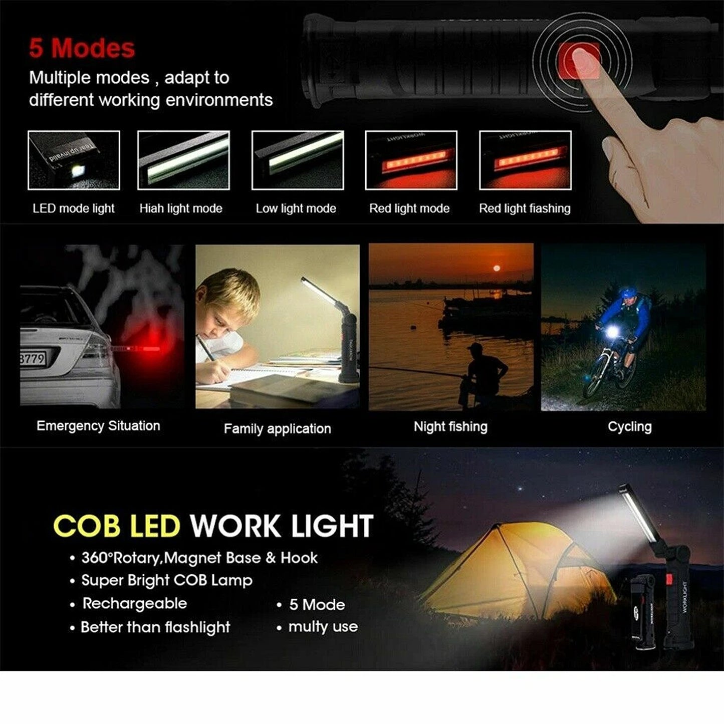 Rechargeable COB LED Hand Torch with Magnetic Base