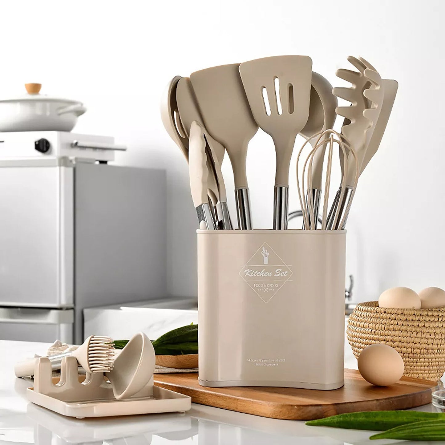 13 Piece Kitchen Utensil Set Silicone Tools with Stainless Steel Handles - Khaki