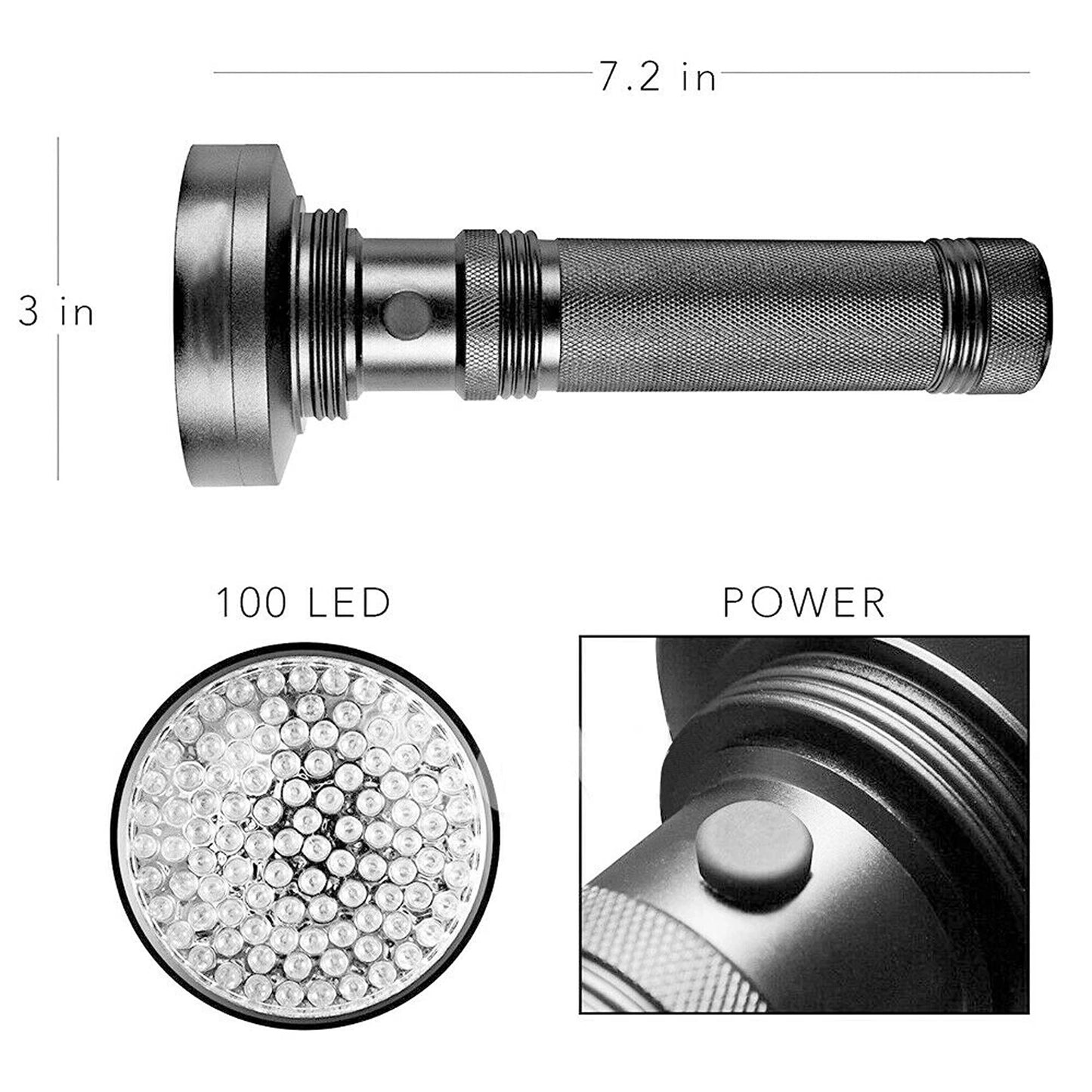 Aluminum UV Flashlight with 100 LED Blacklight