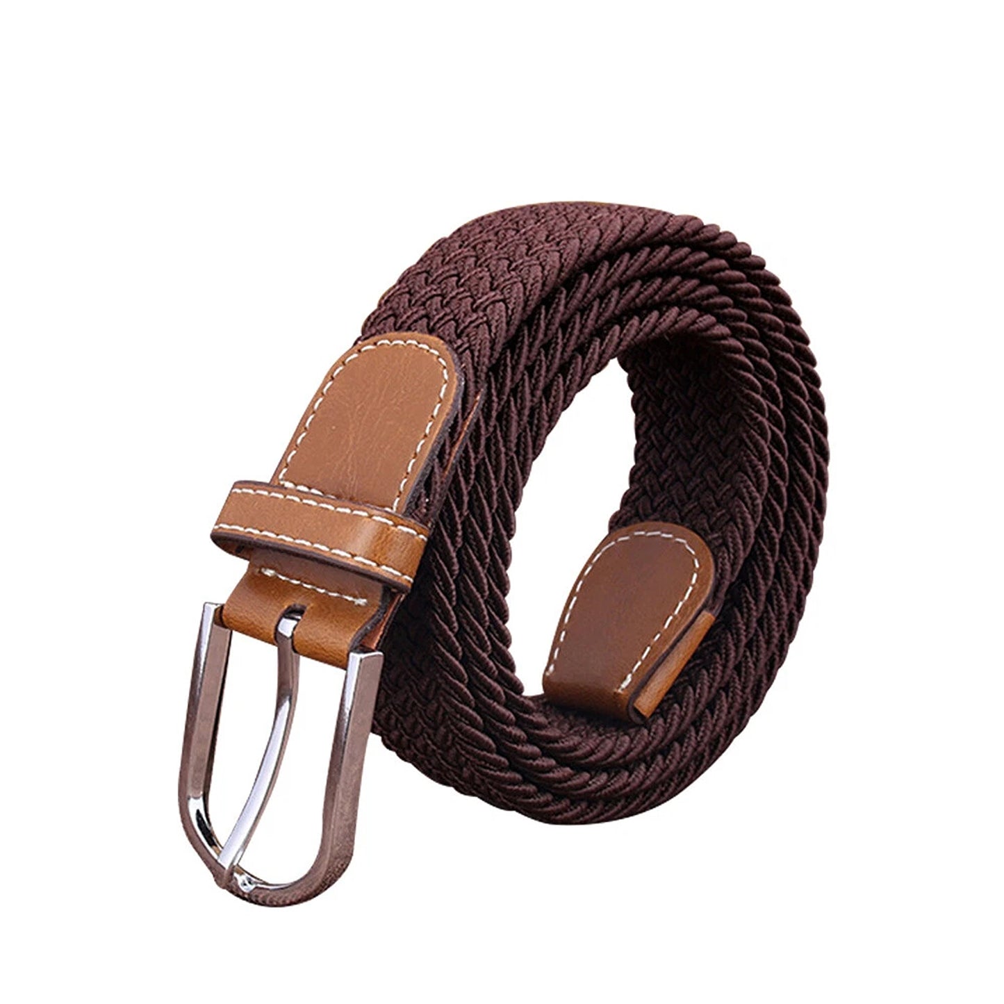 Coffee Womens Braided Stretch Waist Belt with Elastic Buckle