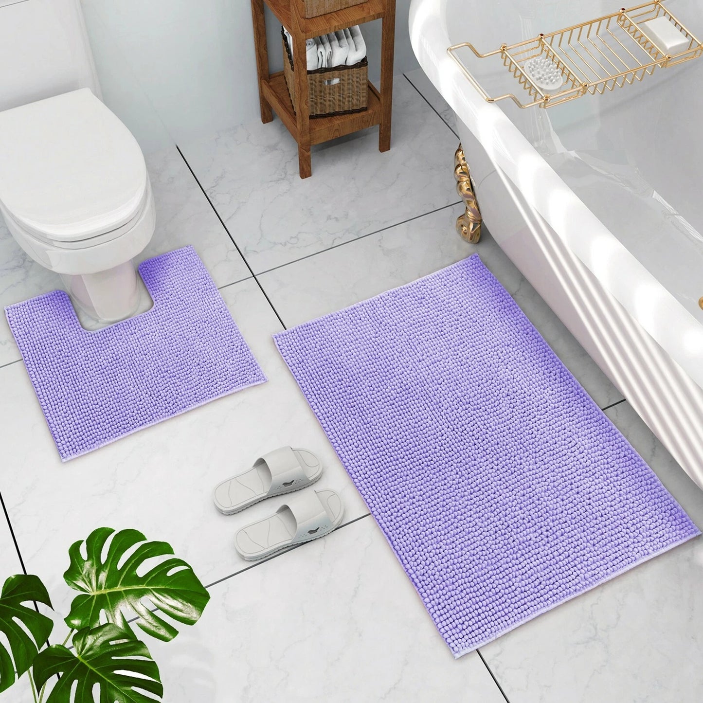 Lavender 1200 GSM Chenille Bath Mat and Toilet Mat Set Non Slip