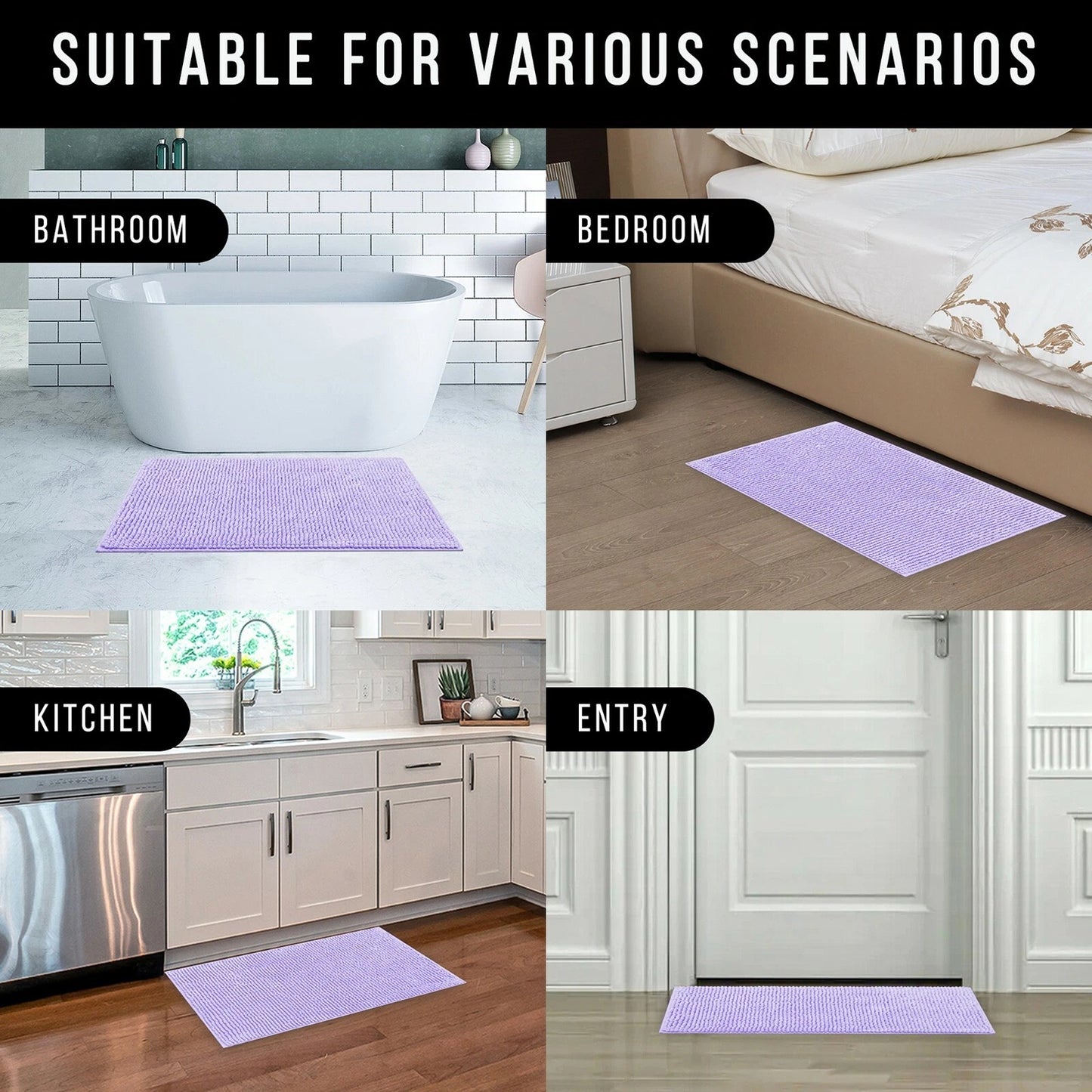 Lavender 1200 GSM Chenille Bath Mat and Toilet Mat Set Non Slip