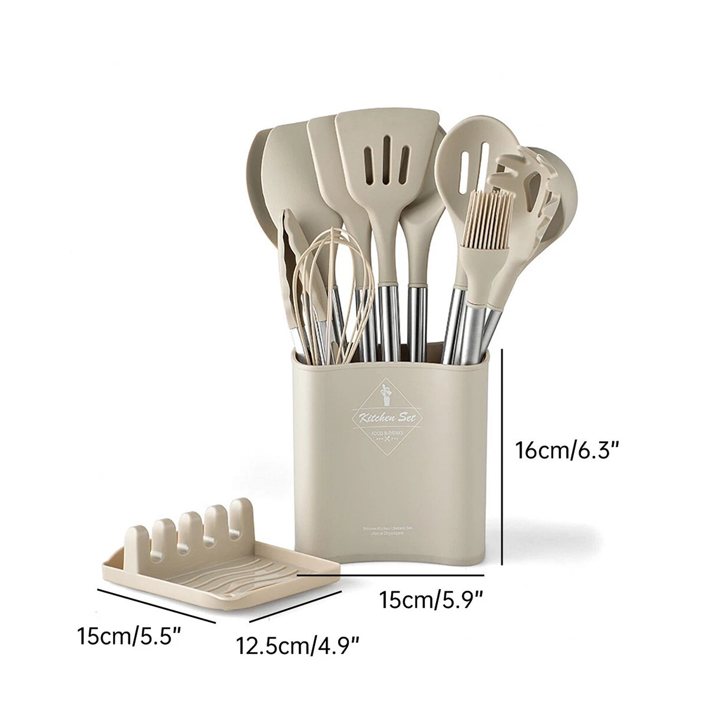13 Piece Kitchen Utensil Set Silicone Tools with Stainless Steel Handles - Khaki