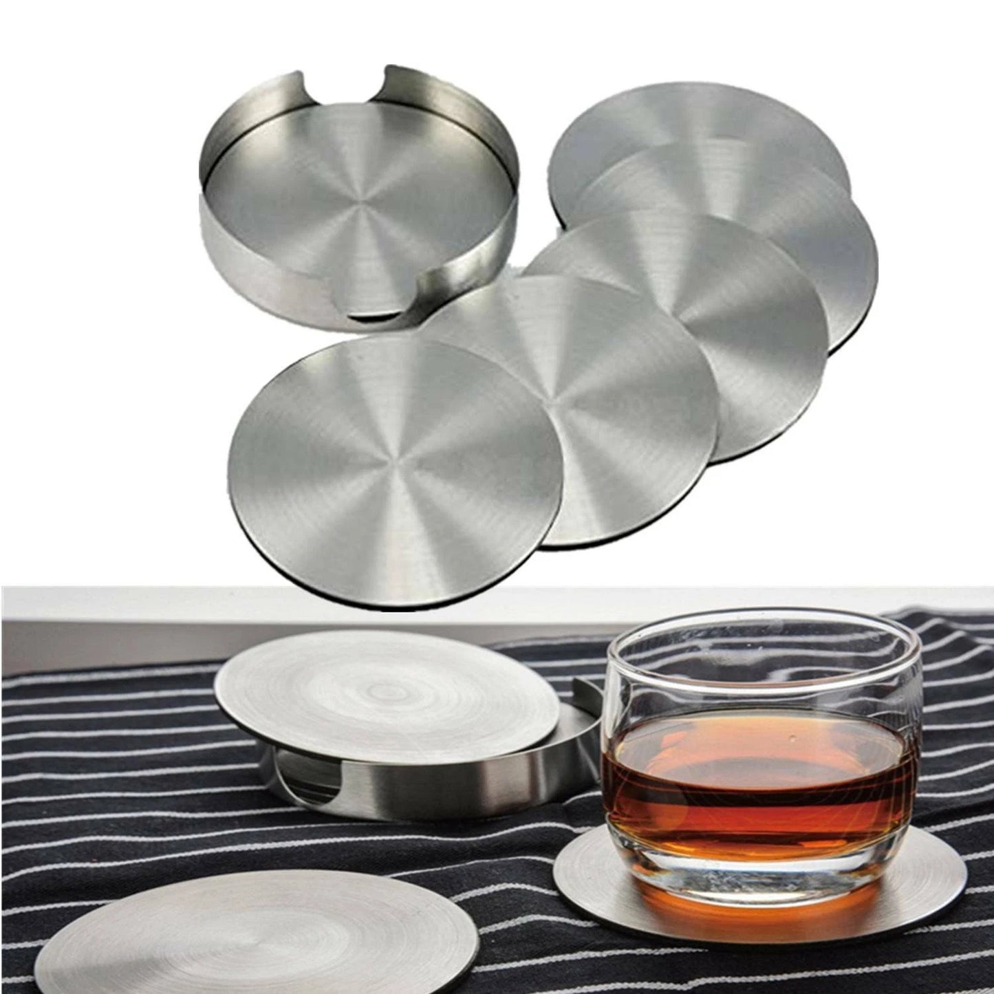 Set of 6 Stainless Steel Coasters Round Modern Drink Holders