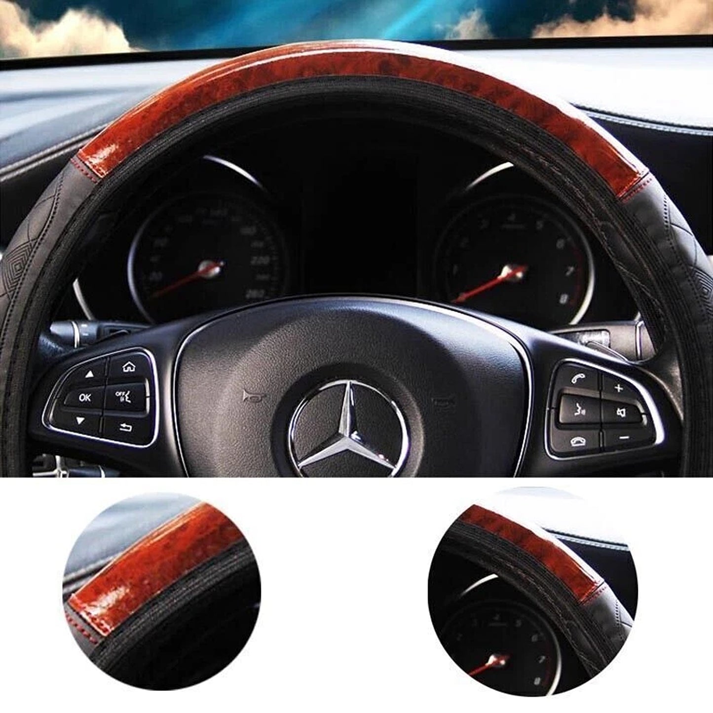 Car Steering Wheel Cover in Mahogany Wood Style PU Leather