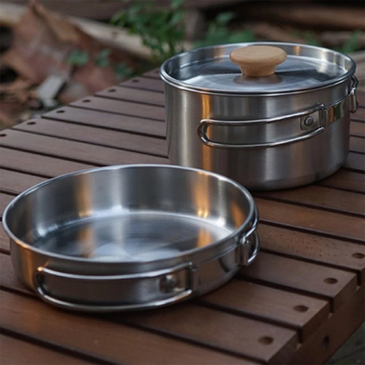 2pcs Stainless Steel Camping Pot and Pan Set with Folding Handles