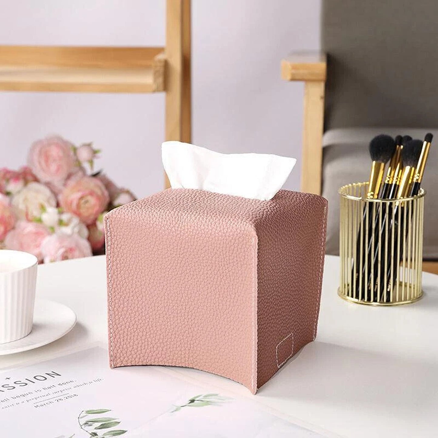 Tissue Box Storage Organizer with Elegant PU Leather Finish - Pink