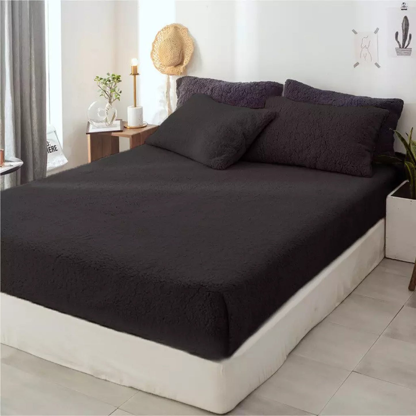 Soft Warm Fleece Fitted Sheet with Pillowcase Teddy Bear Fabric - Black
