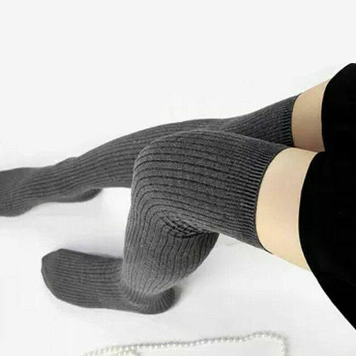 Solid Color Thigh High Socks Cable Knit - Dark Grey