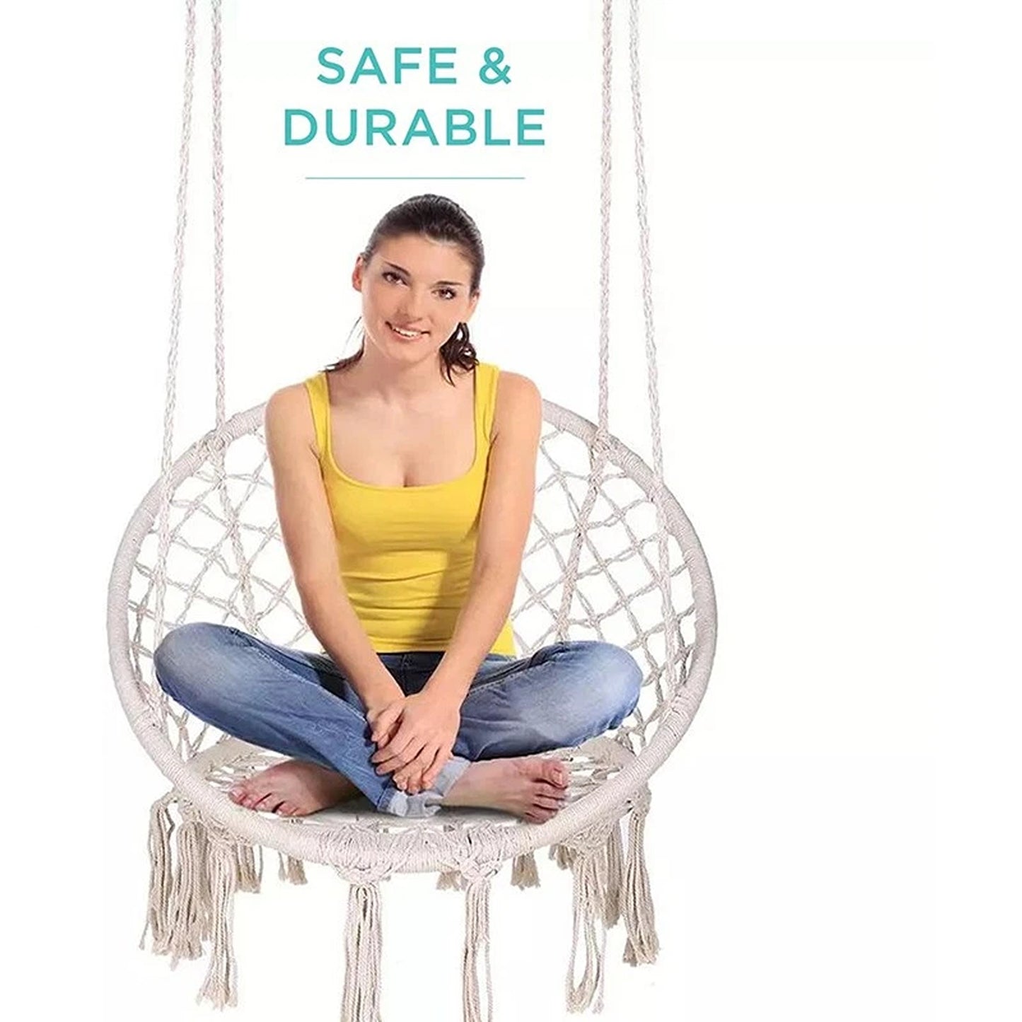 Beige Hammock Swing Chair Cotton Macrame Hanging Rope Seat