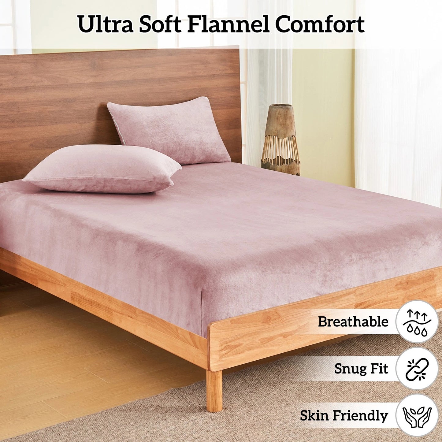 Dusty Pink Warm Flannelette Fitted Sheet and Pillowcase Set No Flat Sheet