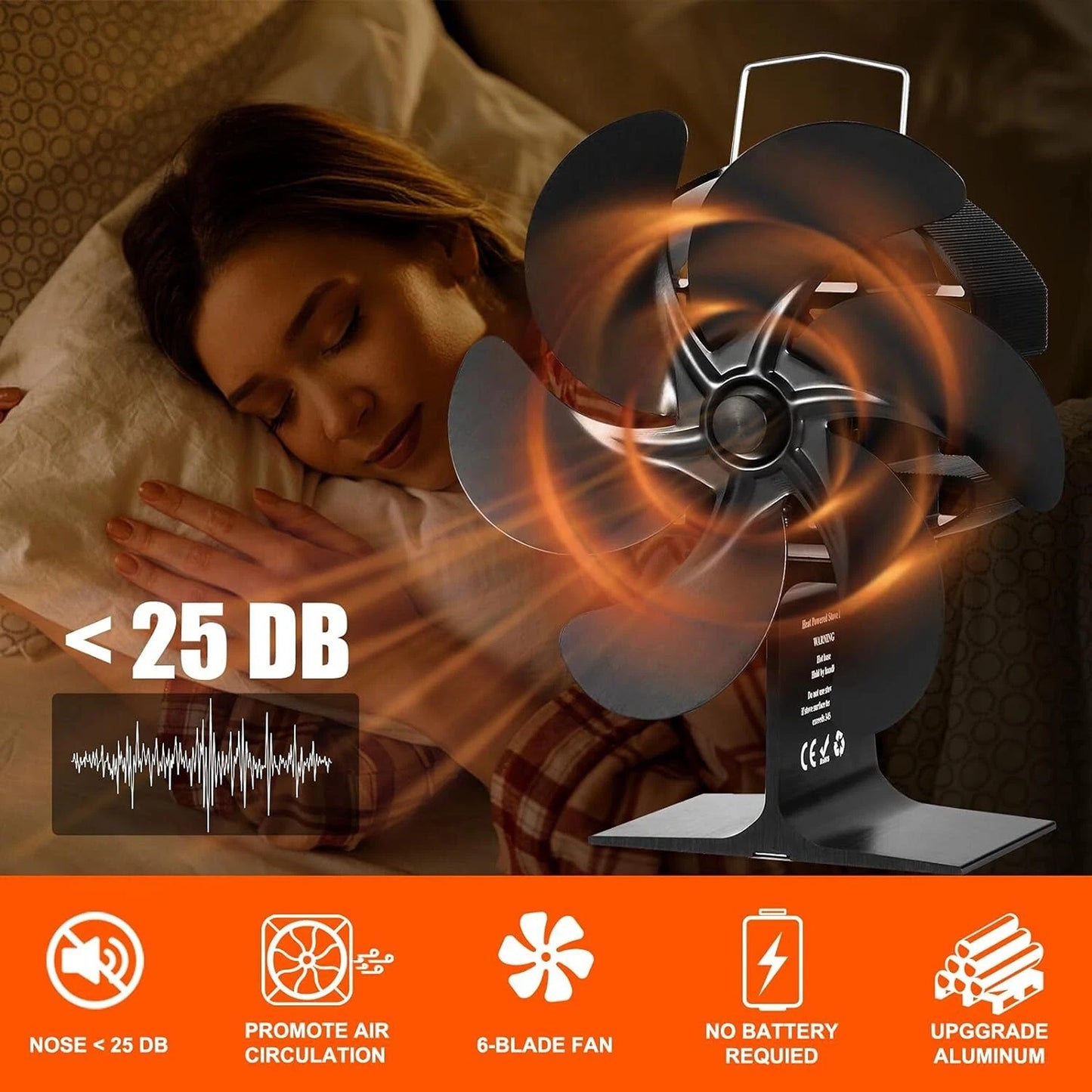 6 Blade Heat Powered Stove Fan for Wood Burner and Log Fire