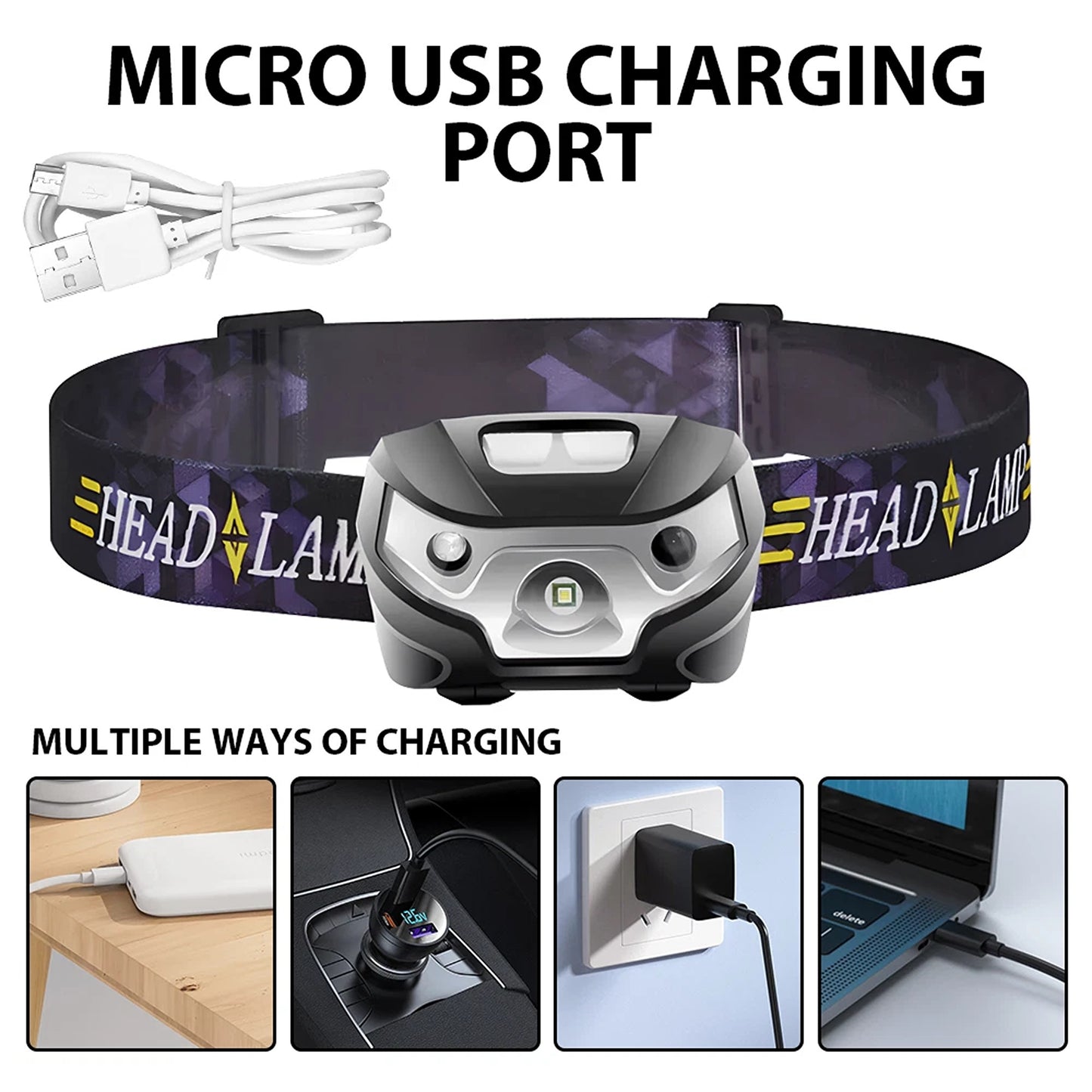 2 Pack Rechargeable LED Head Torch Headlight Lamp USB Camping