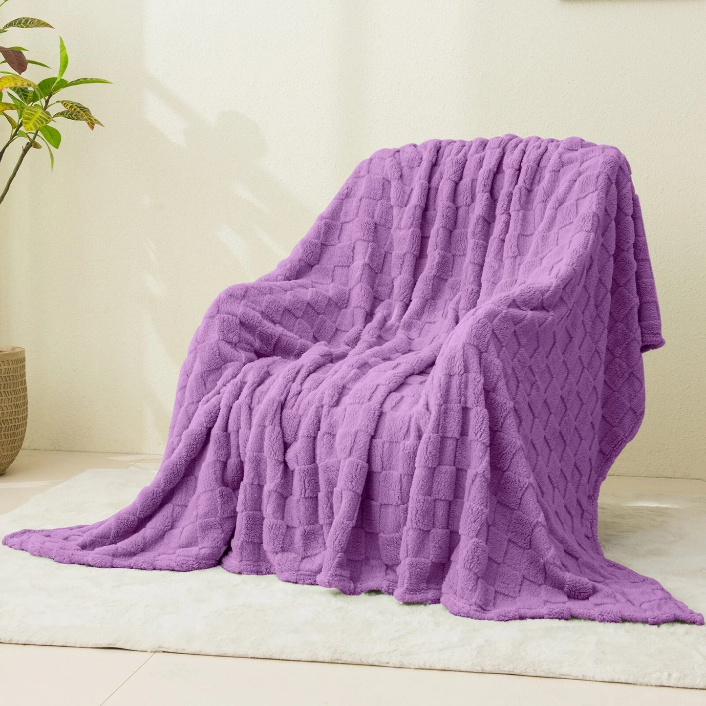 Warm Soft Throw Blanket Plaid Coral Fleece for Couch or Bed - Lavender