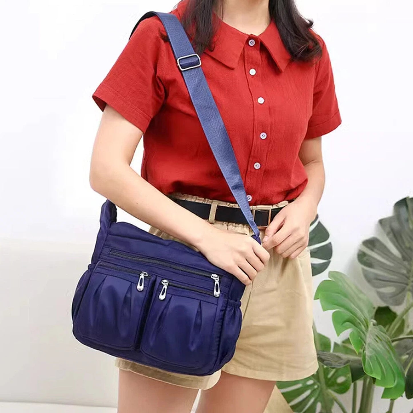 Dark Blue Womens Multi Pocket Crossbody Bag Casual Travel Shoulder Handbag