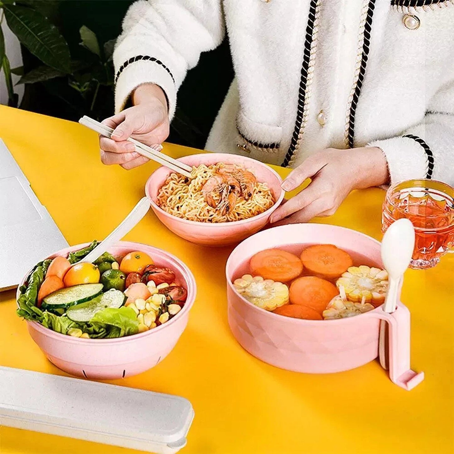 Black Microwave Ramen Bowl Set with Chopsticks for Instant Noodles