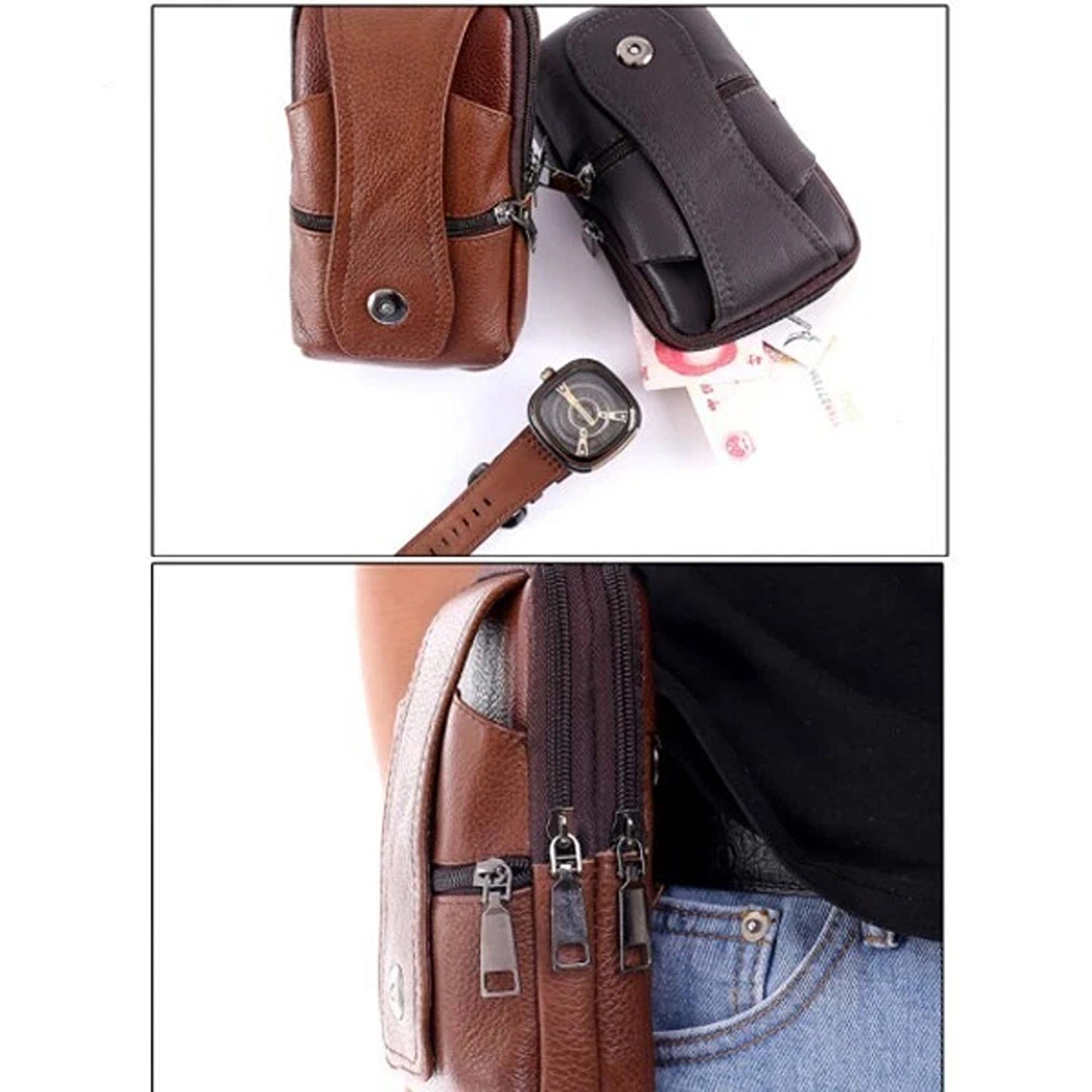 Deep Coffee Leather Mobile Phone Holster Belt Pouch for Men