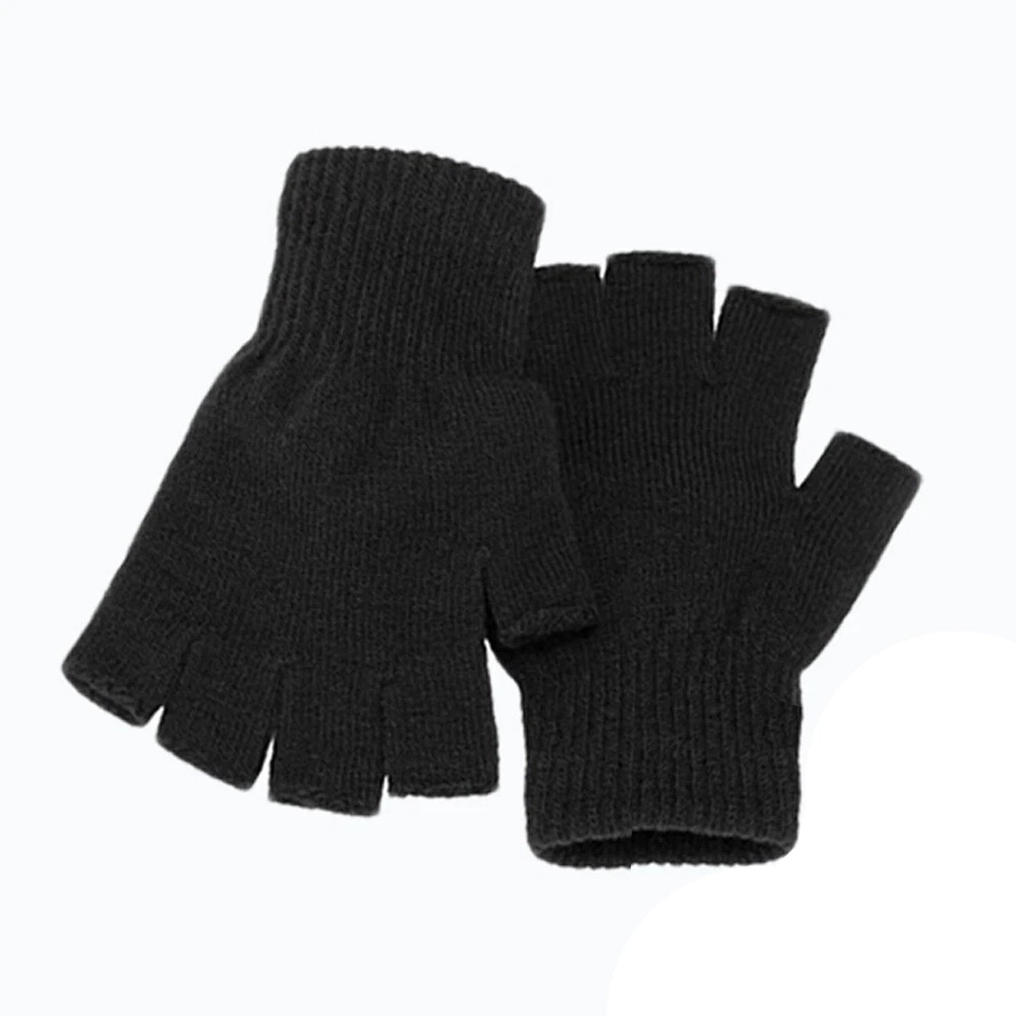 Black Fingerless Knitted Winter Warm Gloves Soft Half Finger Mittens Unisex