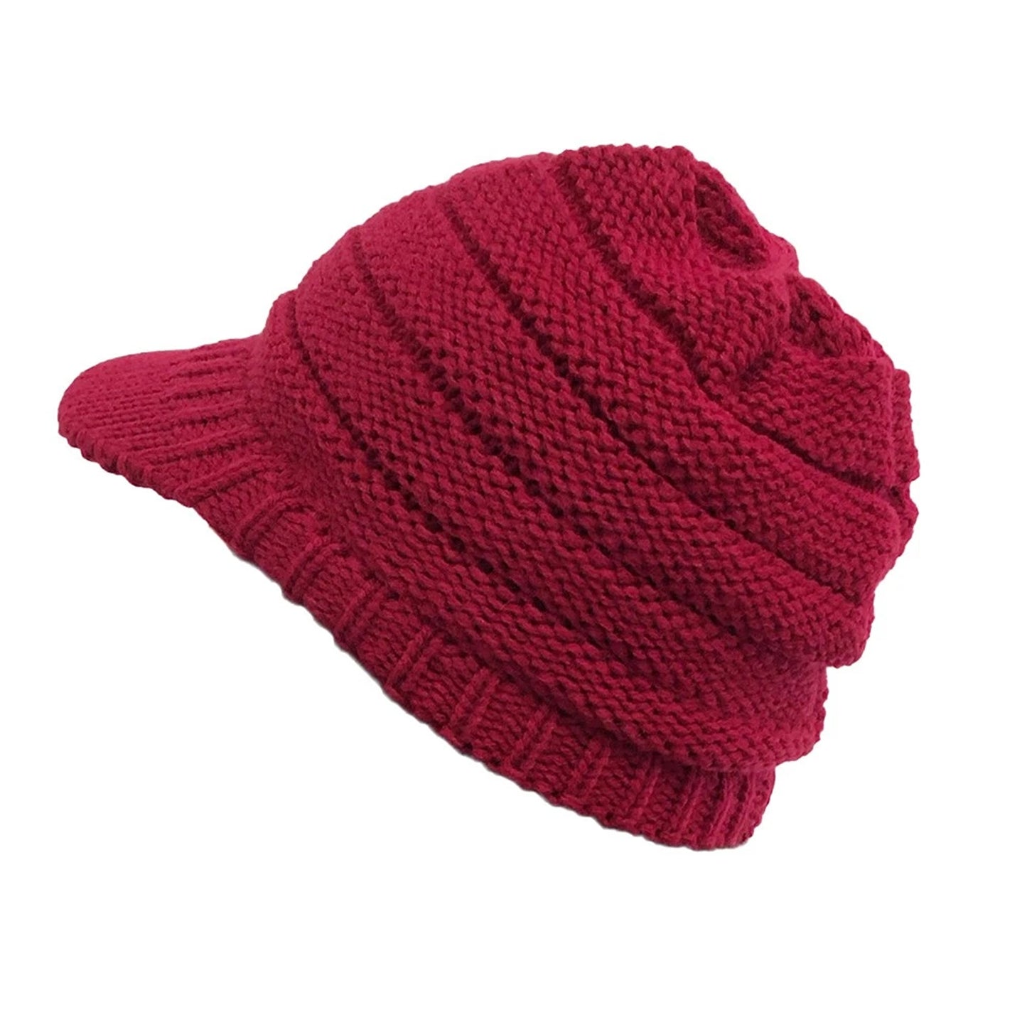 Red Womens Thick Knitted Beanie Hat with Visor for Winter