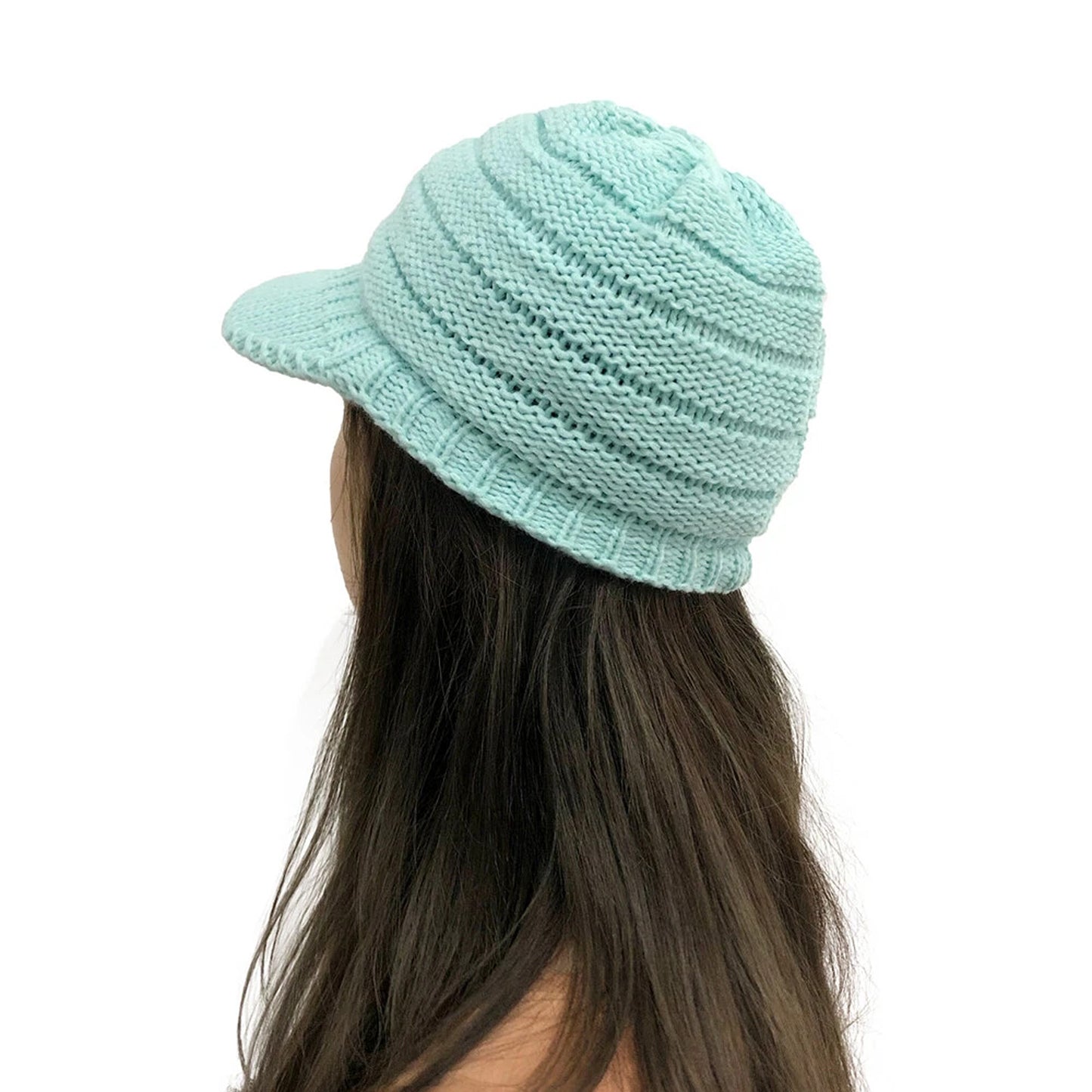 Light Blue Womens Thick Knitted Beanie Hat with Visor for Winter