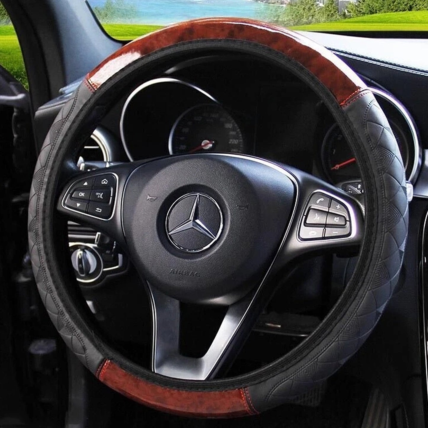 Car Steering Wheel Cover in Mahogany Wood Style PU Leather