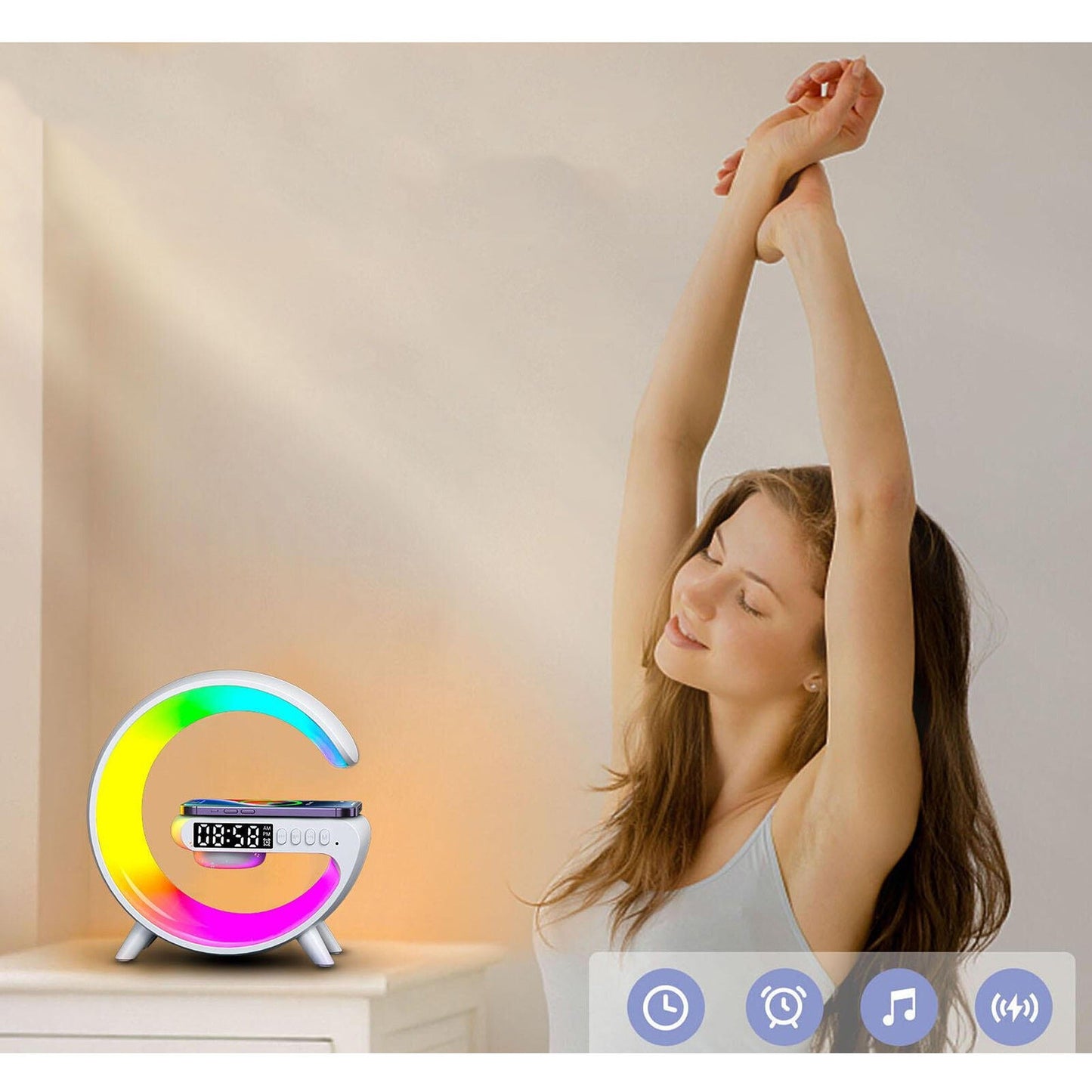 Wireless Charging Alarm Clock LED Night Light Bluetooth Speaker Timer