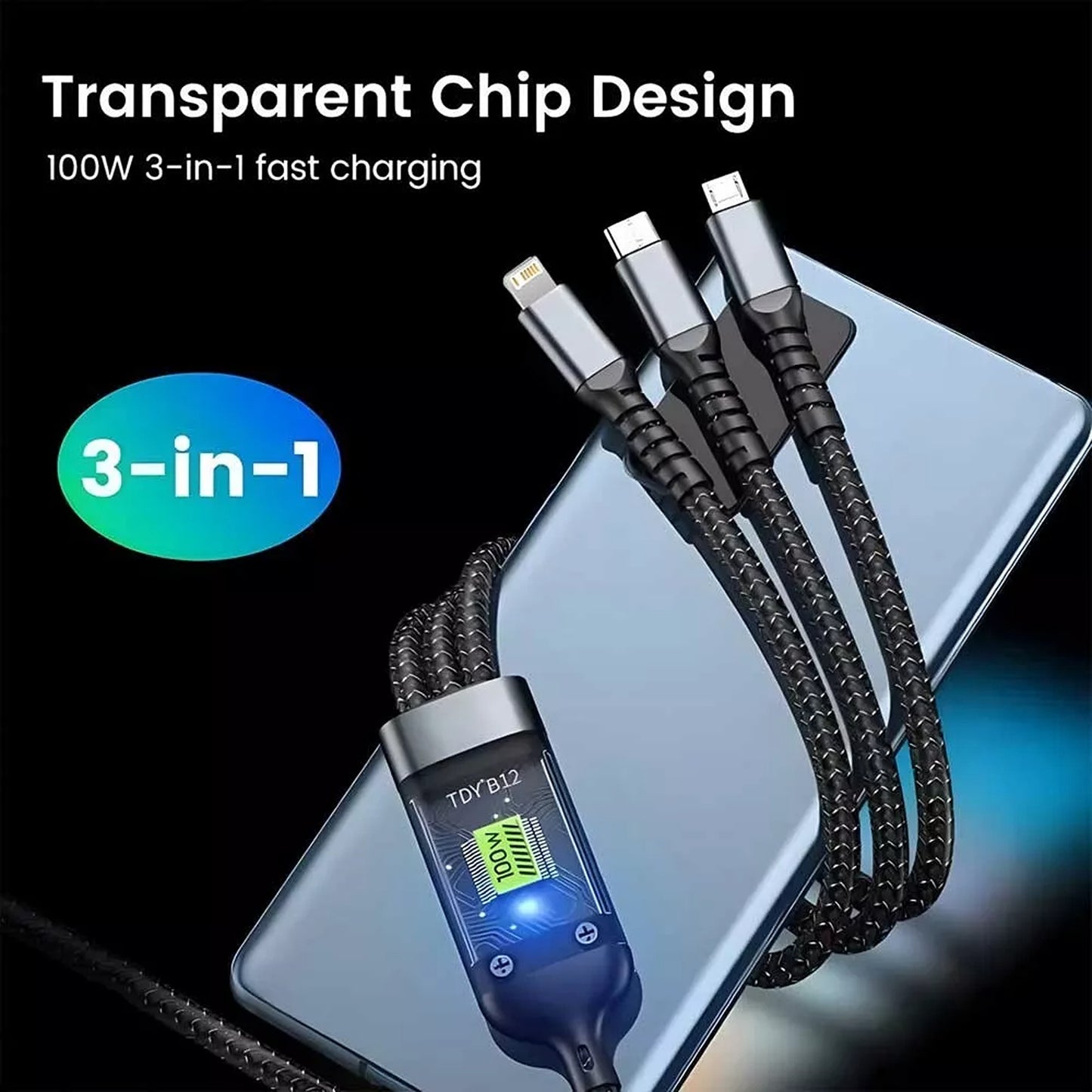 3 in 1 Fast Charging Cable USB Type C iPhone Samsung 100W Braided