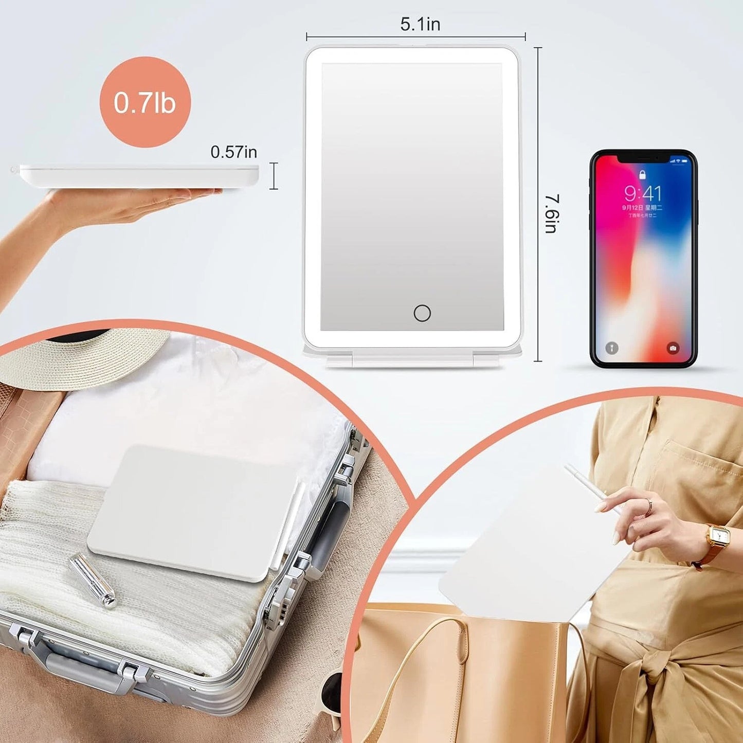 Rechargeable LED Folding Makeup Mirror with USB and Touch Screen