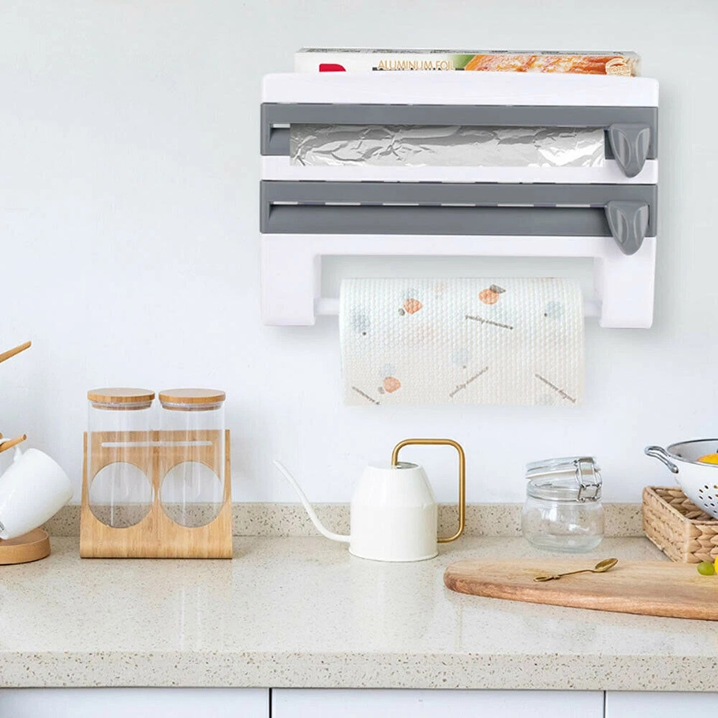 4 in 1 Kitchen Wrap Organizer with Foil Cling Film and Towel Holder Wall Mount Cutter