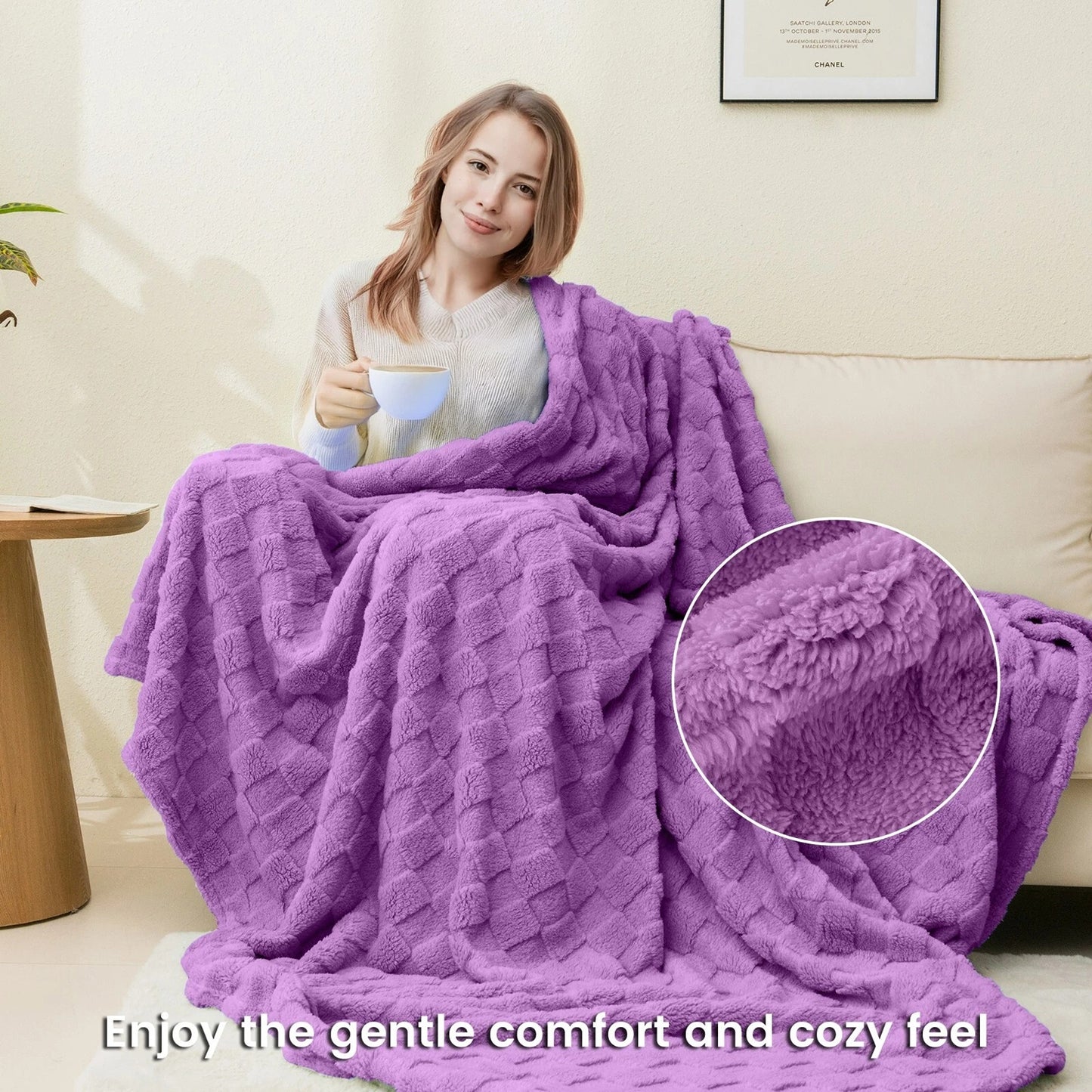 Warm Soft Throw Blanket Plaid Coral Fleece for Couch or Bed - Lavender