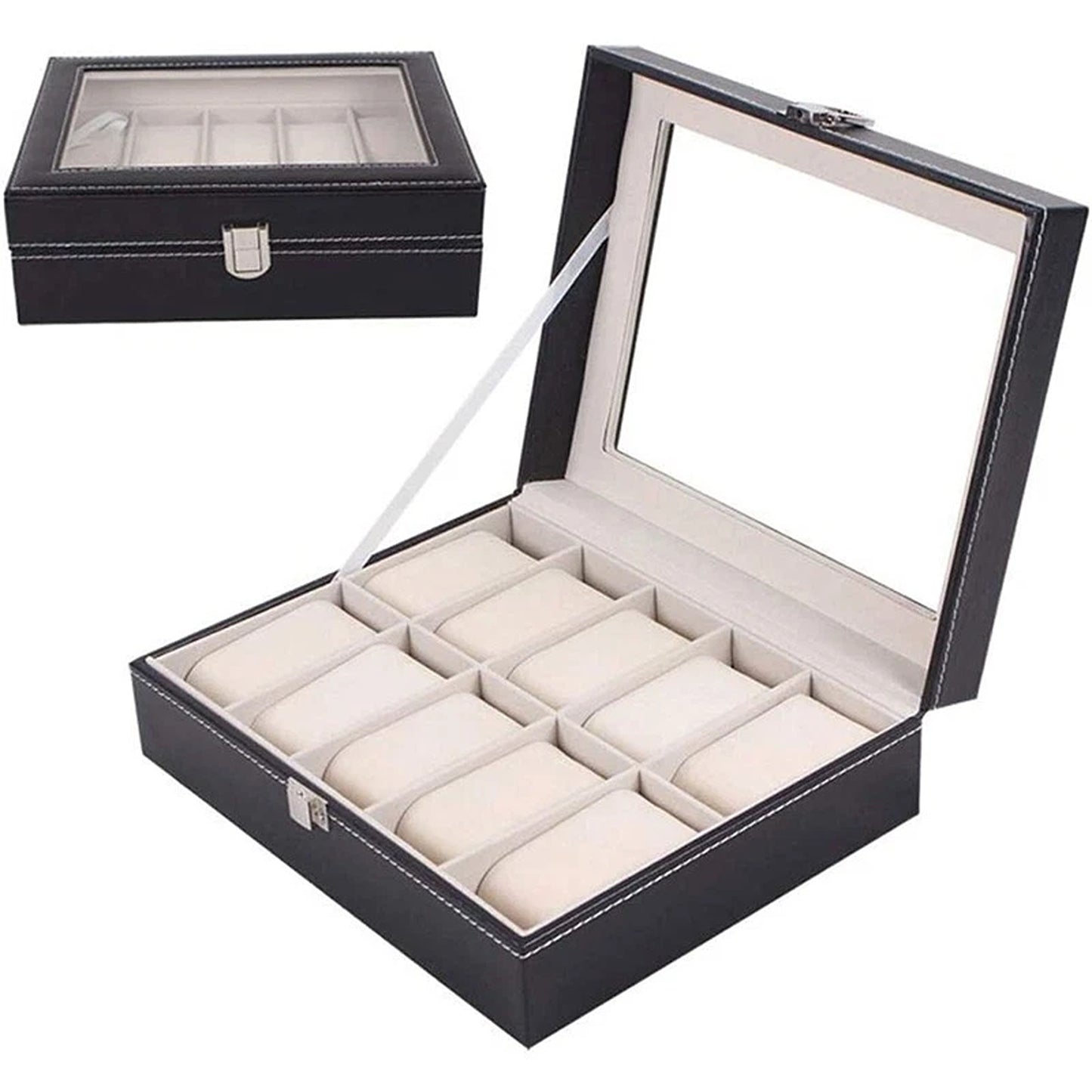 Leather Watch and Jewelry Storage Box with 10 Grids