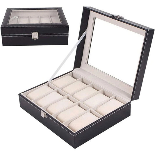 Leather Watch and Jewelry Storage Box with 10 Grids