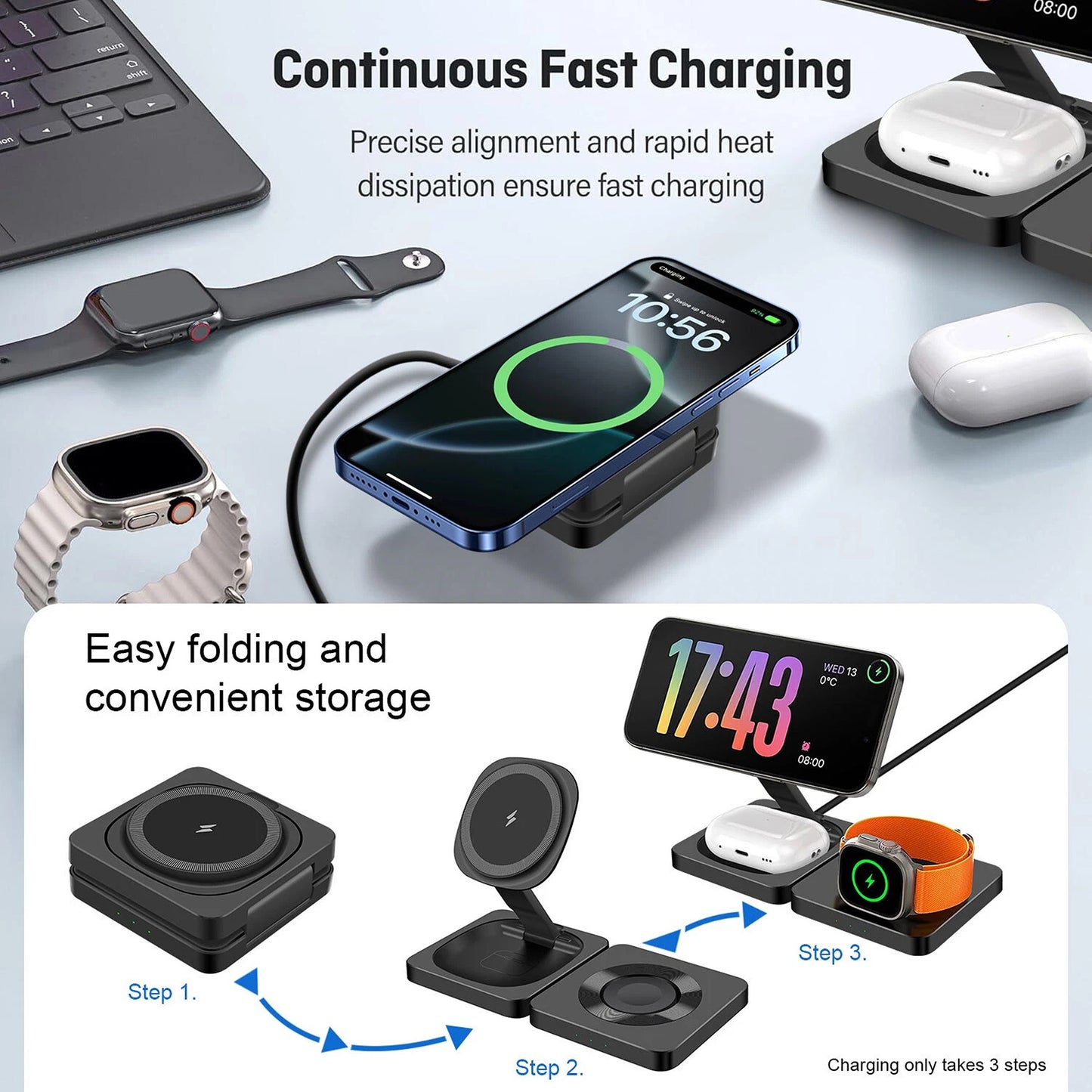 3 in 1 Wireless Charger Fast Charging Station for Apple Watch and iPhone 16 15 14 13 12