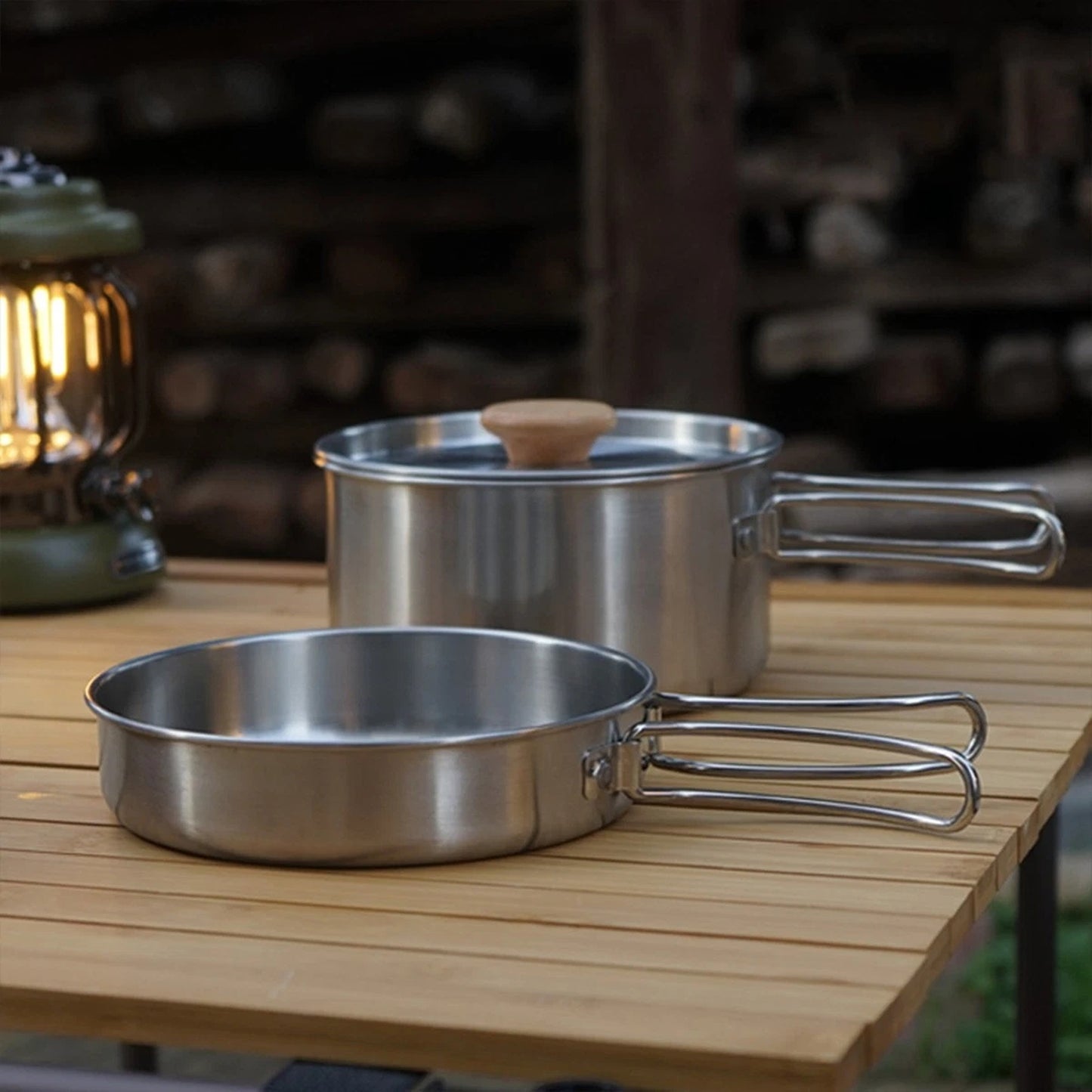 2pcs Stainless Steel Camping Pot and Pan Set with Folding Handles