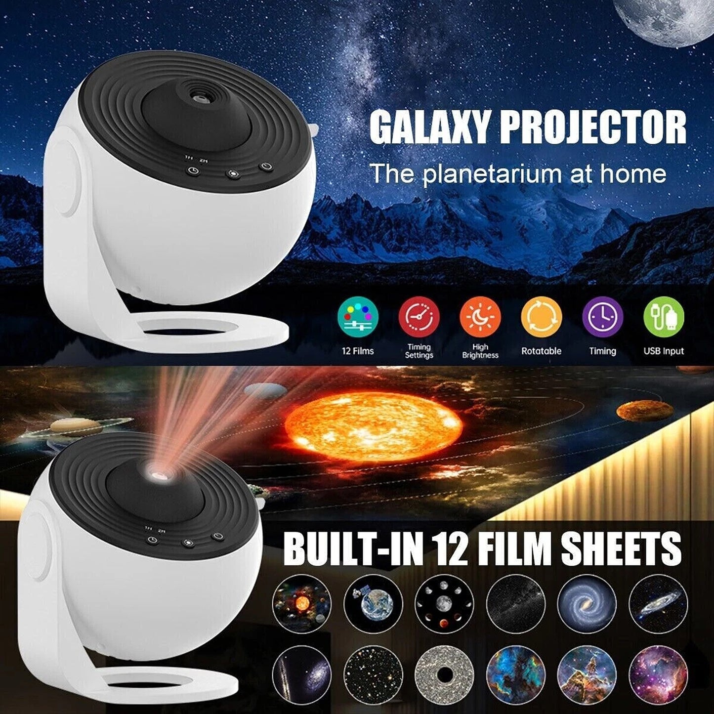Rotating LED Starry Sky Projector Night Light with 12 Galaxy Themes