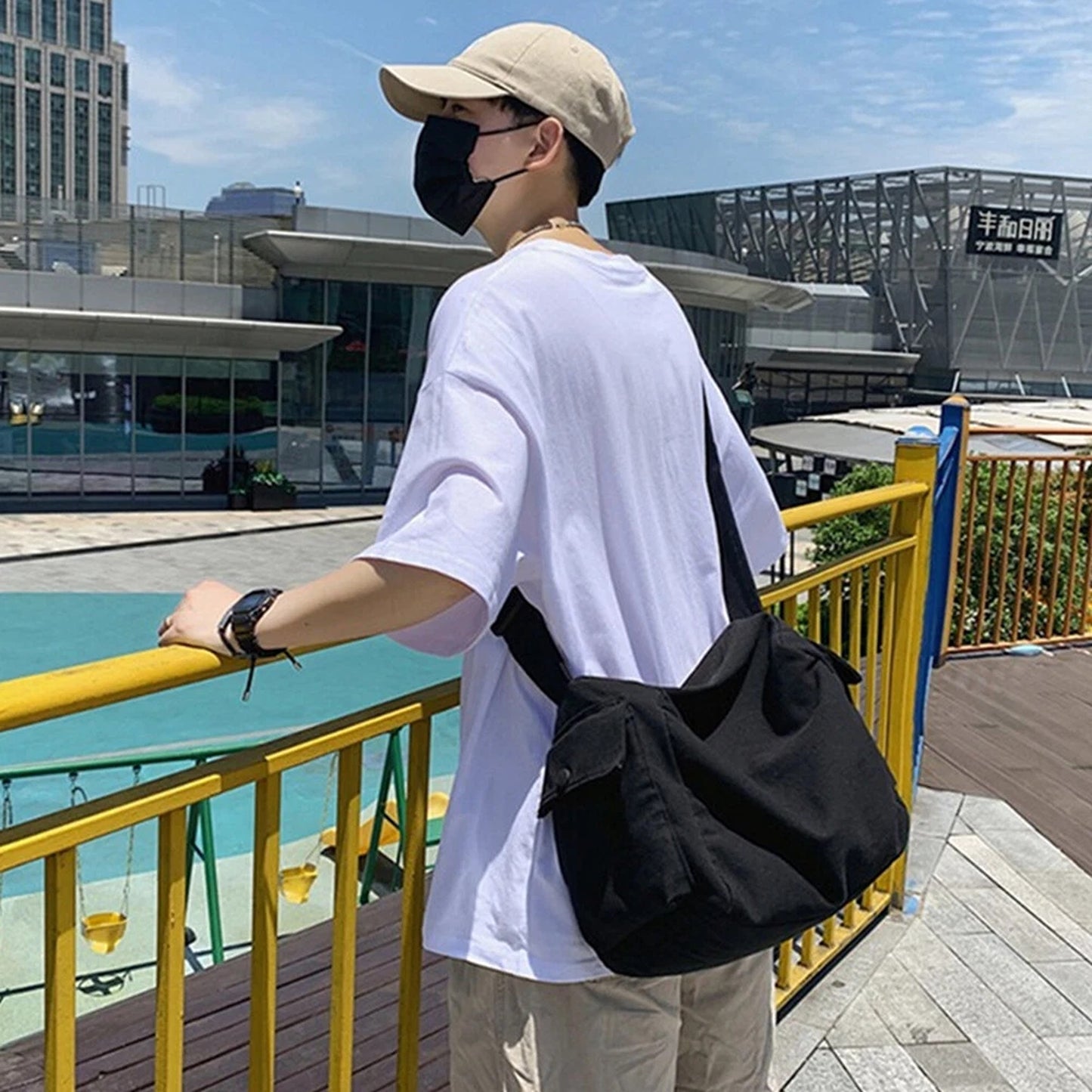 White Men Women Canvas Shoulder Crossbody Bag Large Capacity Messenger Bag