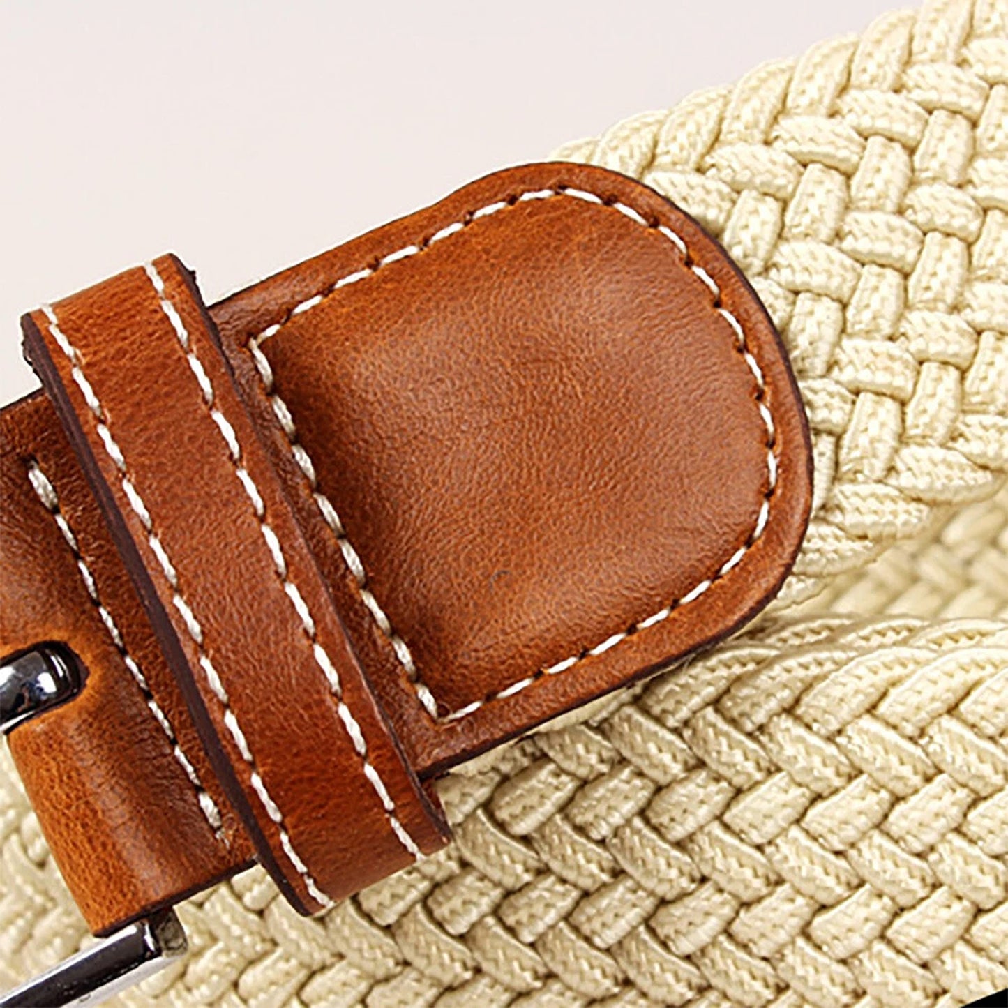 Beige Womens Braided Stretch Waist Belt with Elastic Buckle